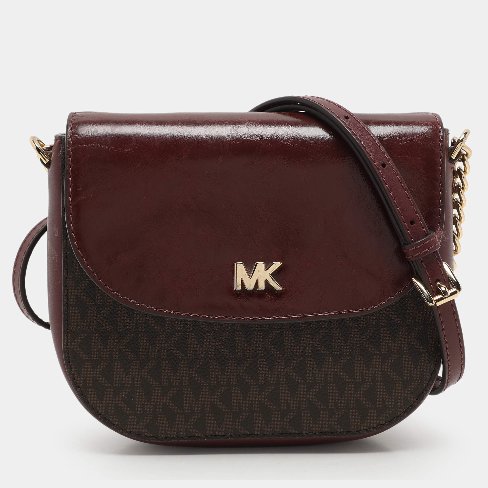 Pre Owned Michael Kors Burgundy/Brown Signature Coated Canvas and Leather Mott Crossbody Bag
