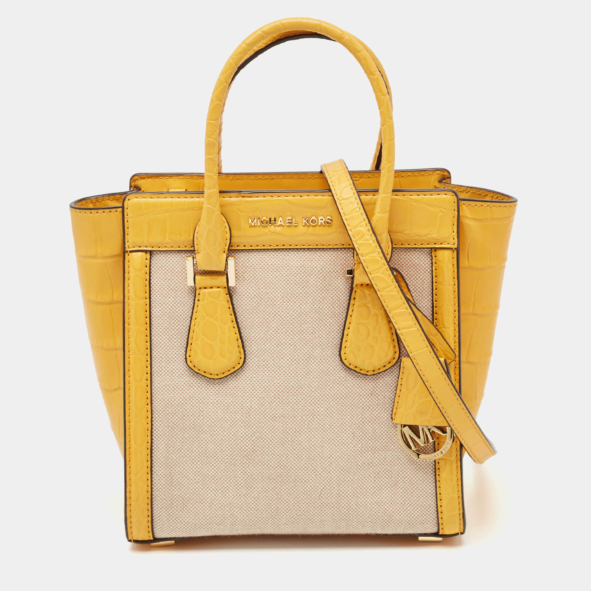 Michael Kors Yellow Canvas and Croc Embossed Leather Colette Tote