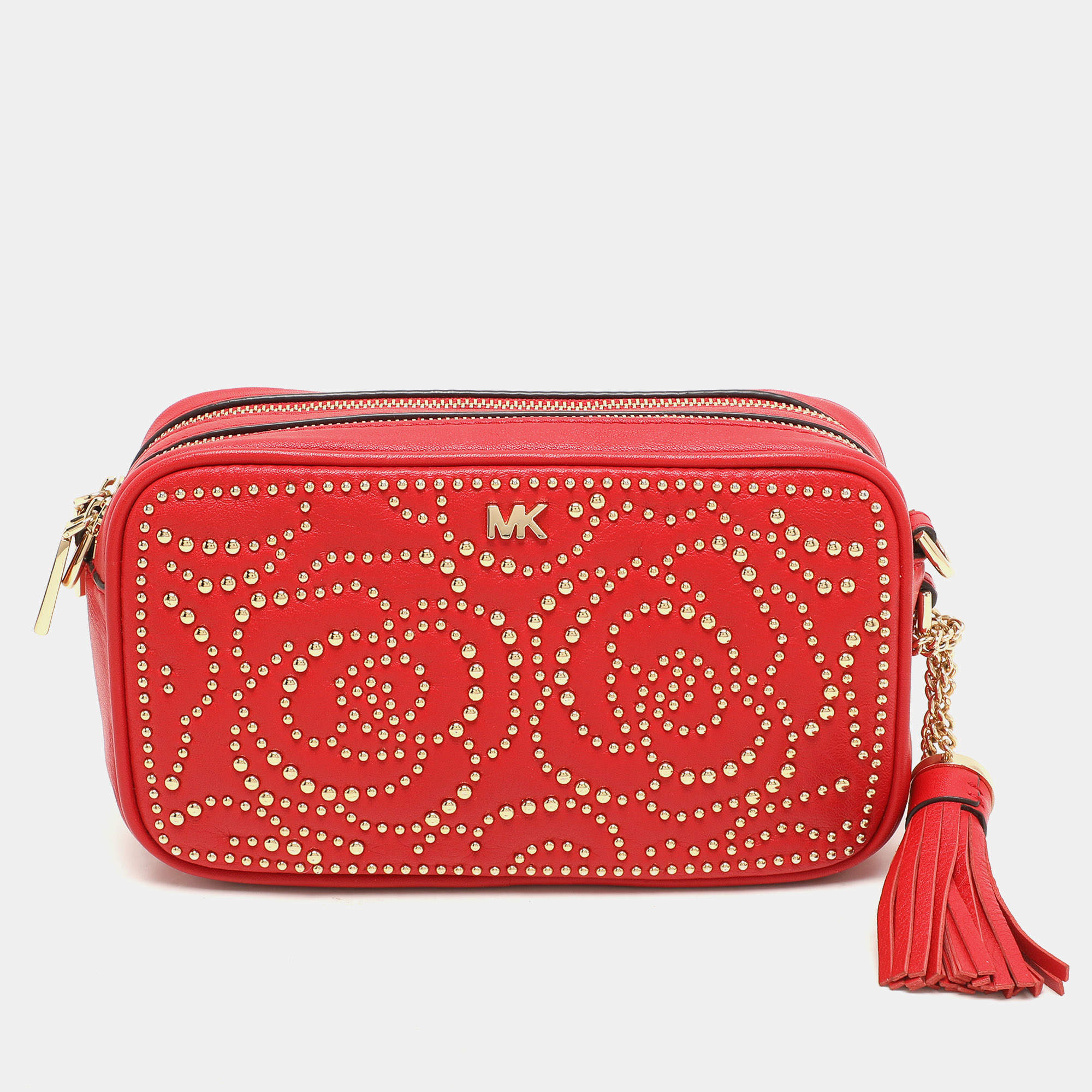 Pre Owned Michael Kors Red Leather Rose Studded Crossbody Bag