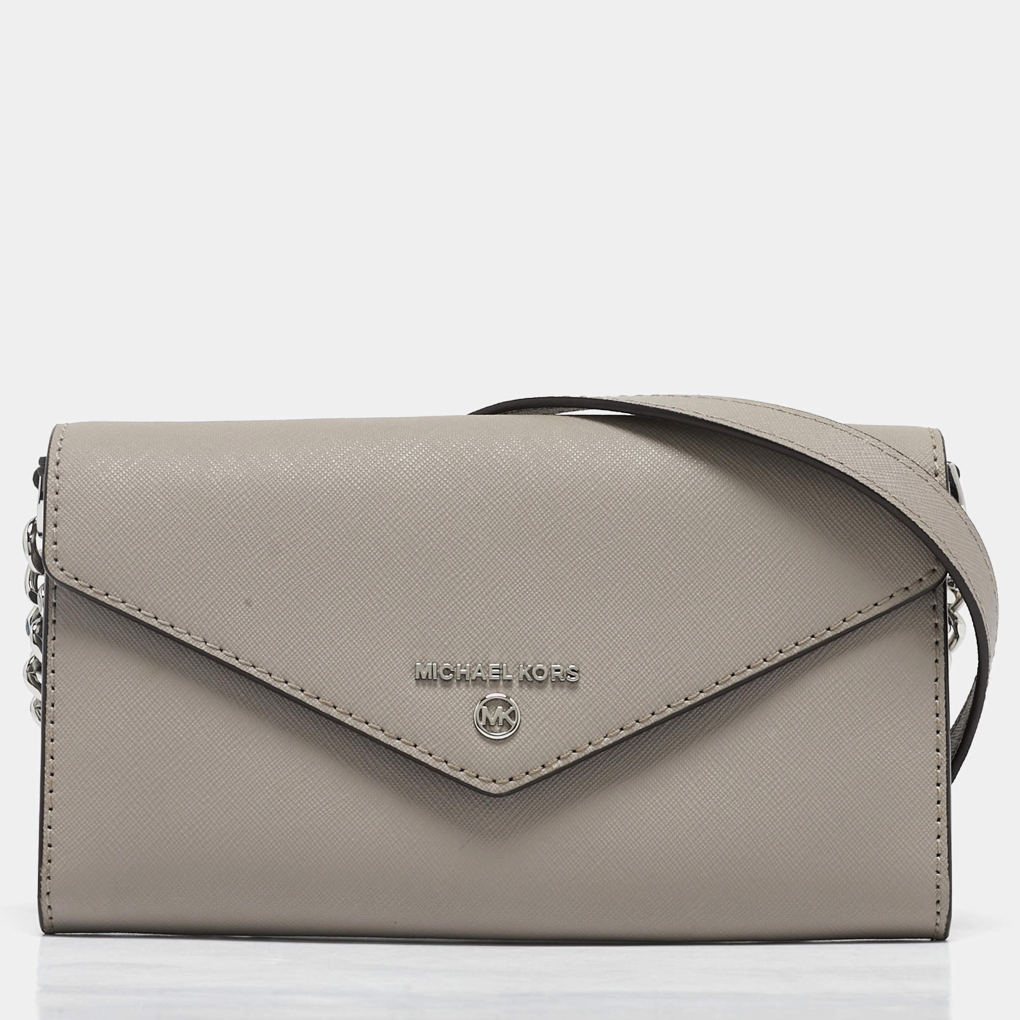 Michael Kors Grey Leather Envelope Flap Wallet On Chain