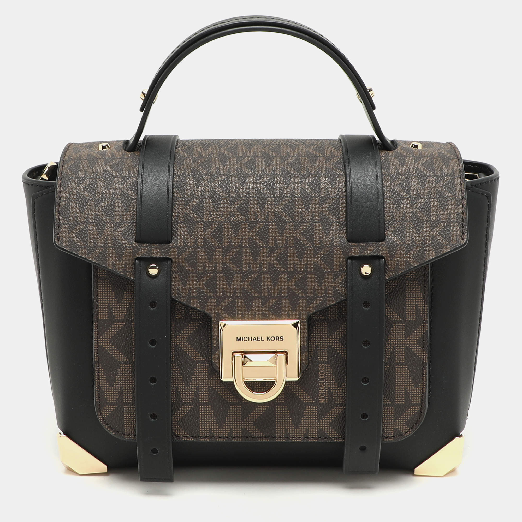 Pre Owned Michael Kors Brown/Black Leather and PVC Medium Manhattan Top Handle Bag