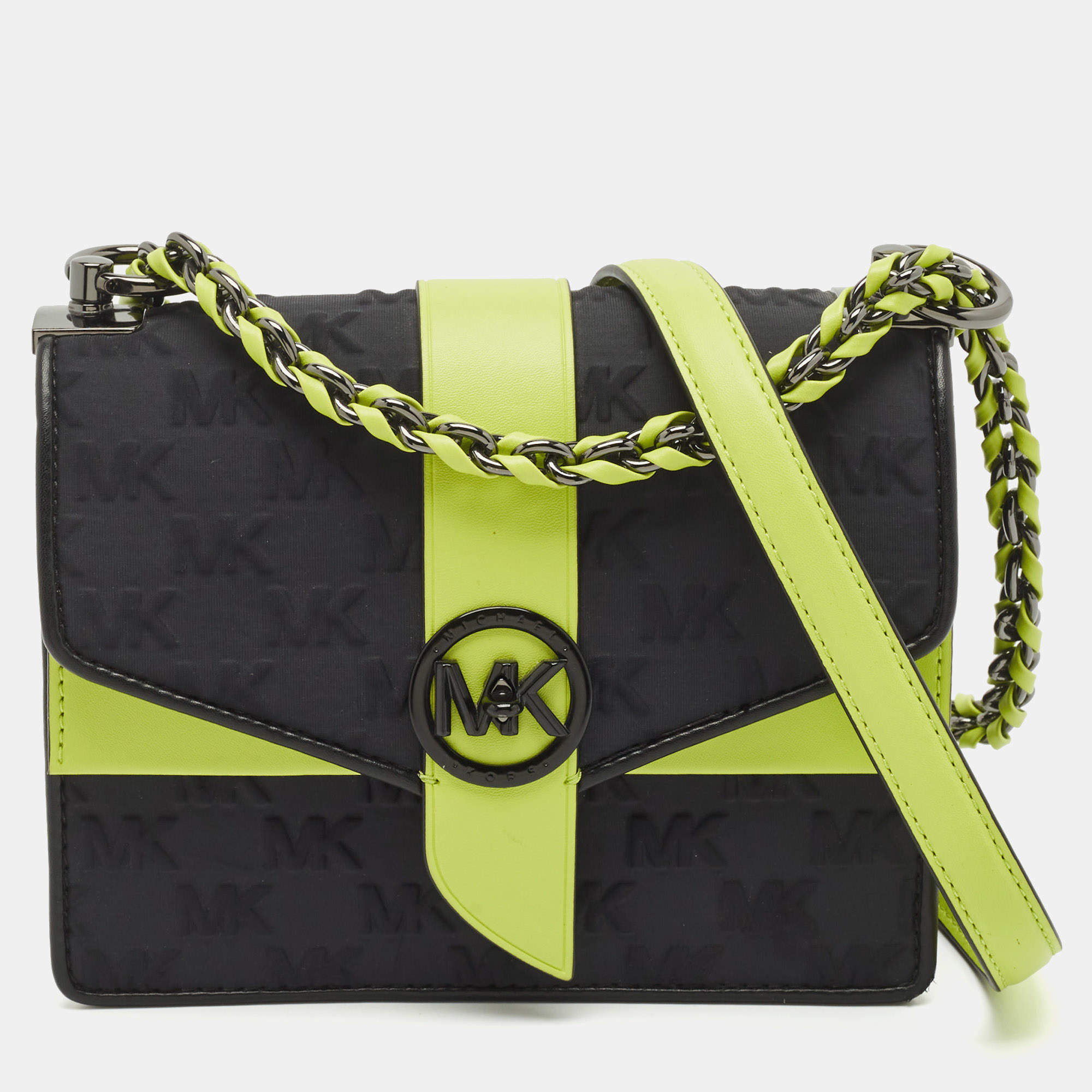 Pre Owned Michael Kors Black/Green Signature Fabric and Leather Small Greenwich Shoulder Bag