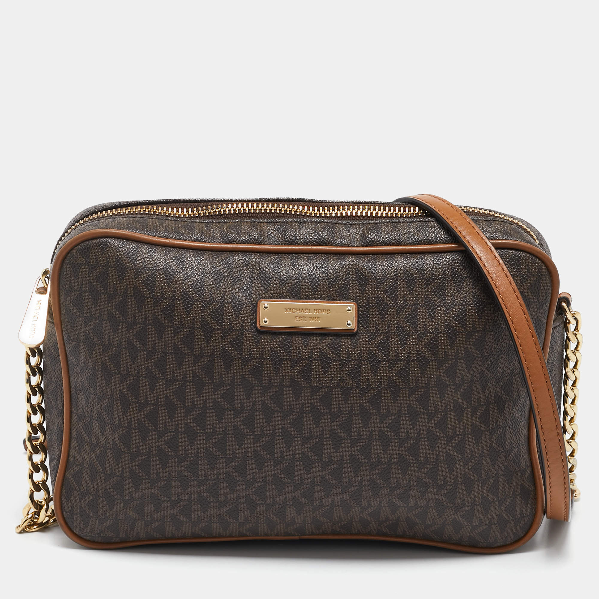 Michael Kors Brown Signature Coated Canvas and Leather Jet Set Crossbody Bag