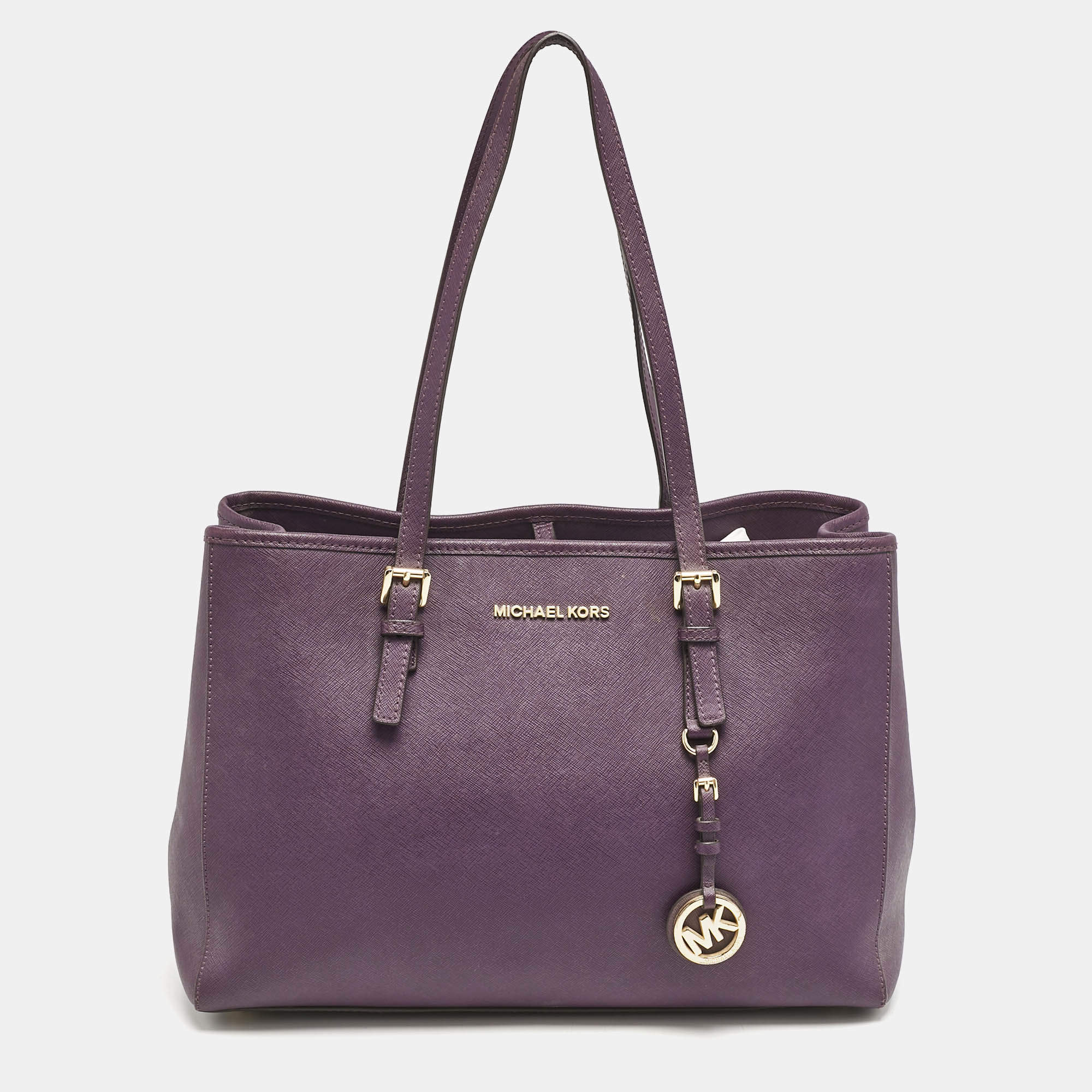 Pre Owned Michael Kors Purple Leather Medium Jet Set Tote