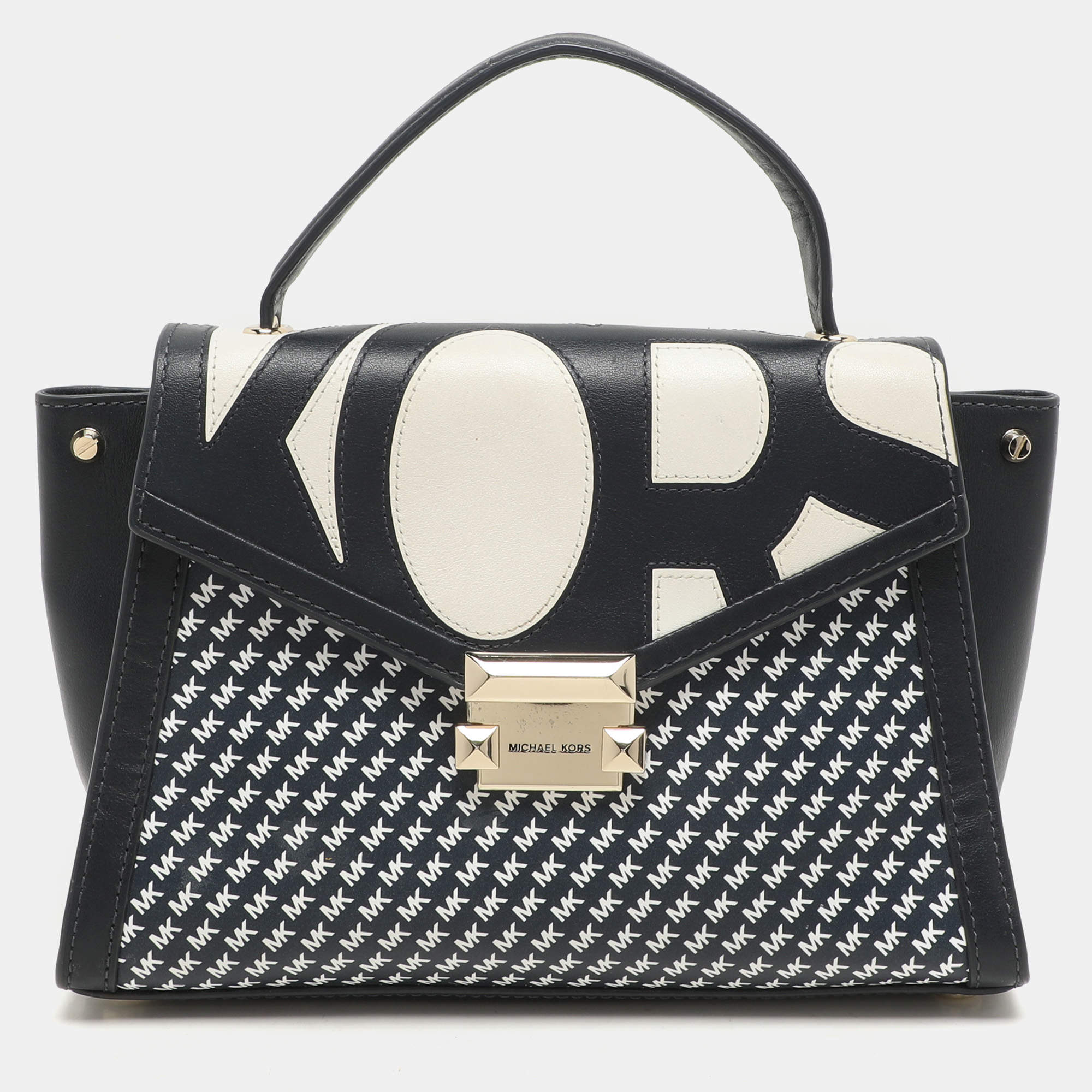 Pre Owned Michael Kors Admiral/Optic Leather Medium Graphic Logo Whitney Top Handle Bag