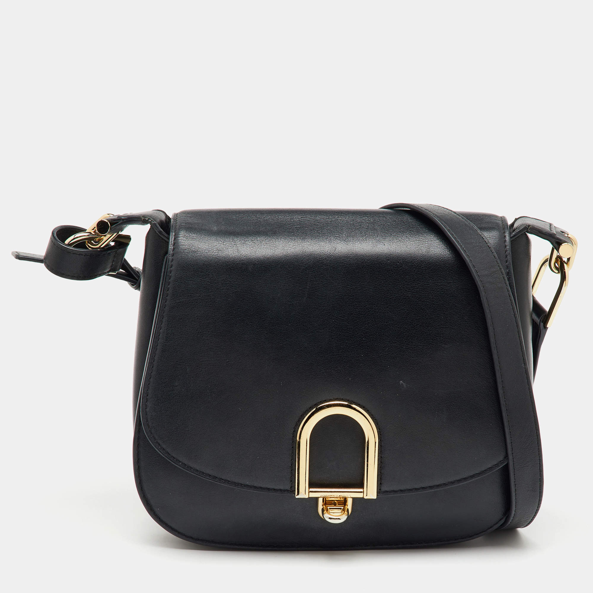 Michael Kors Black Leather Large Delfina Flap Saddle Bag