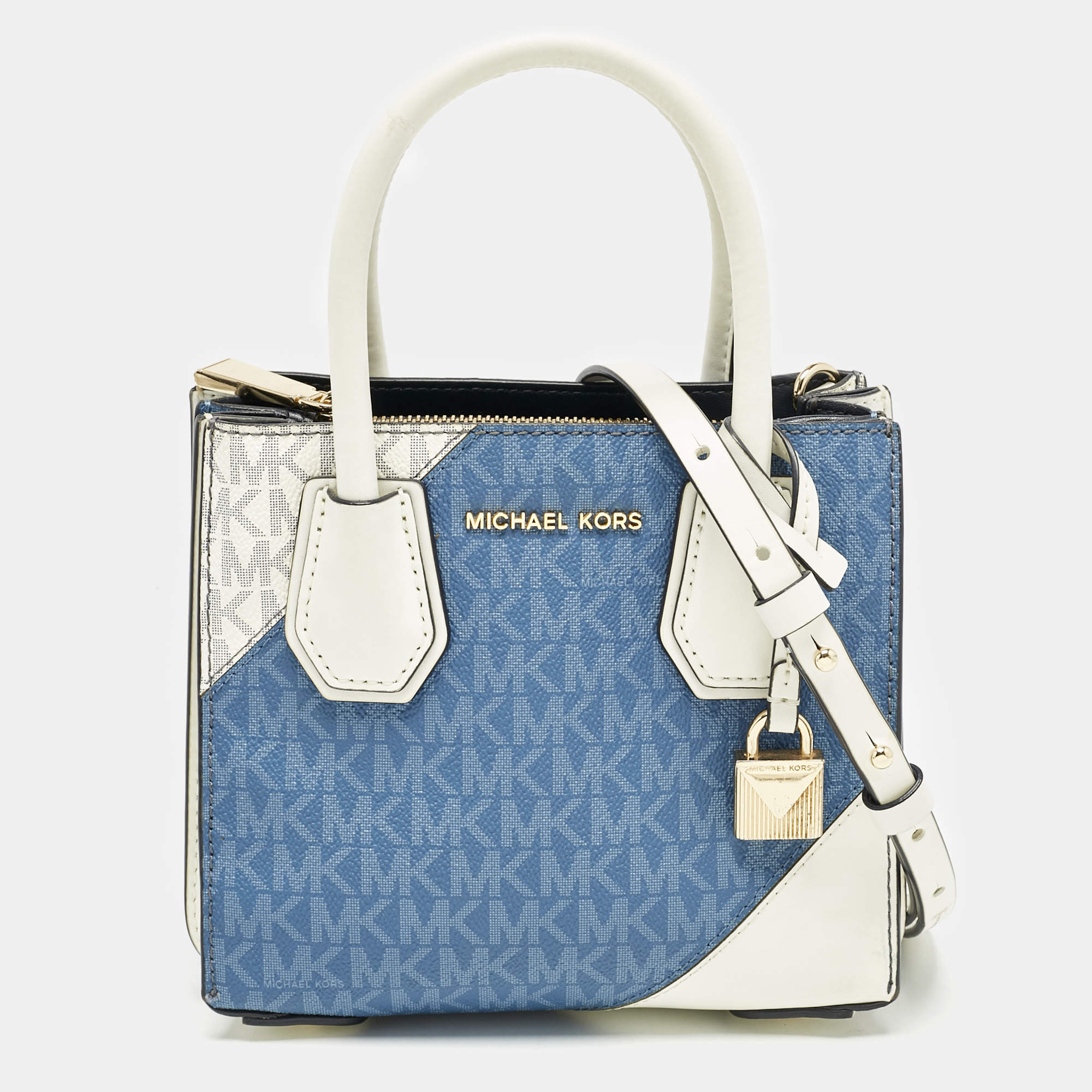 Michael Kors White/Blue Signature Coated Canvas Accordion Mercer Crossbody Bag