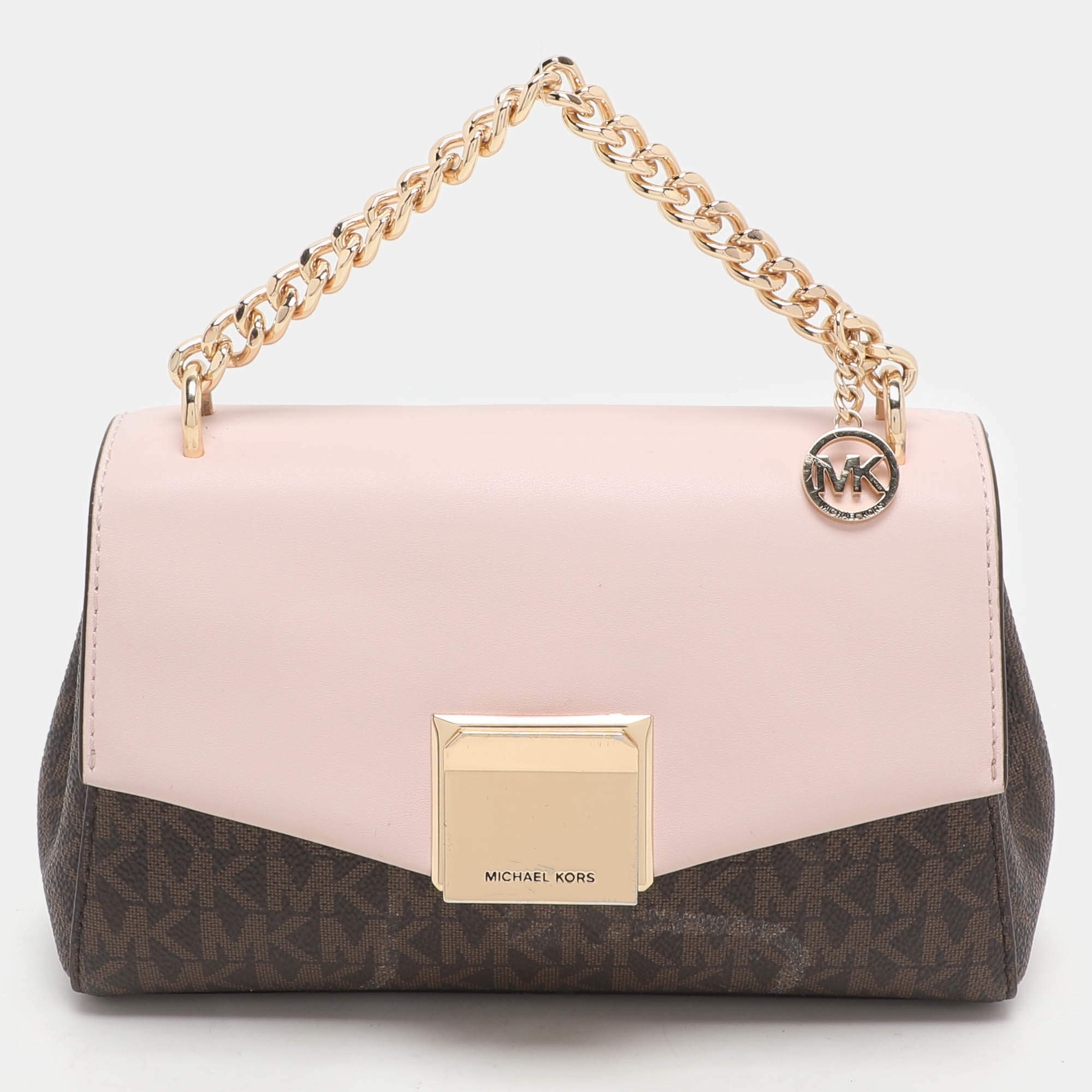 Michael Kors Brown/Pink Signature Coated Canvas And Leather Small Lita Crossbody Bag
