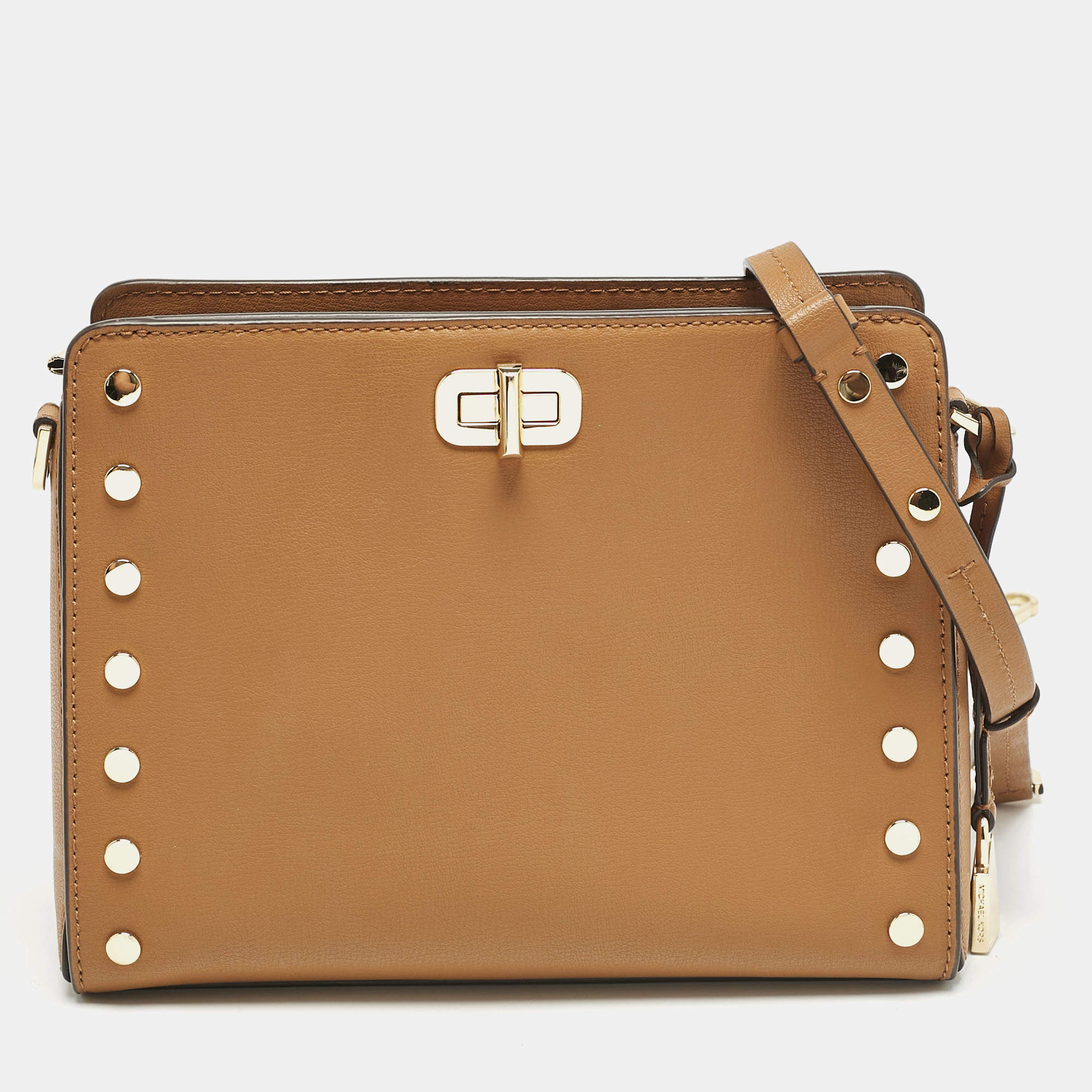 Michael Kors Brown Leather Sylvie Stud Shoulder Bag