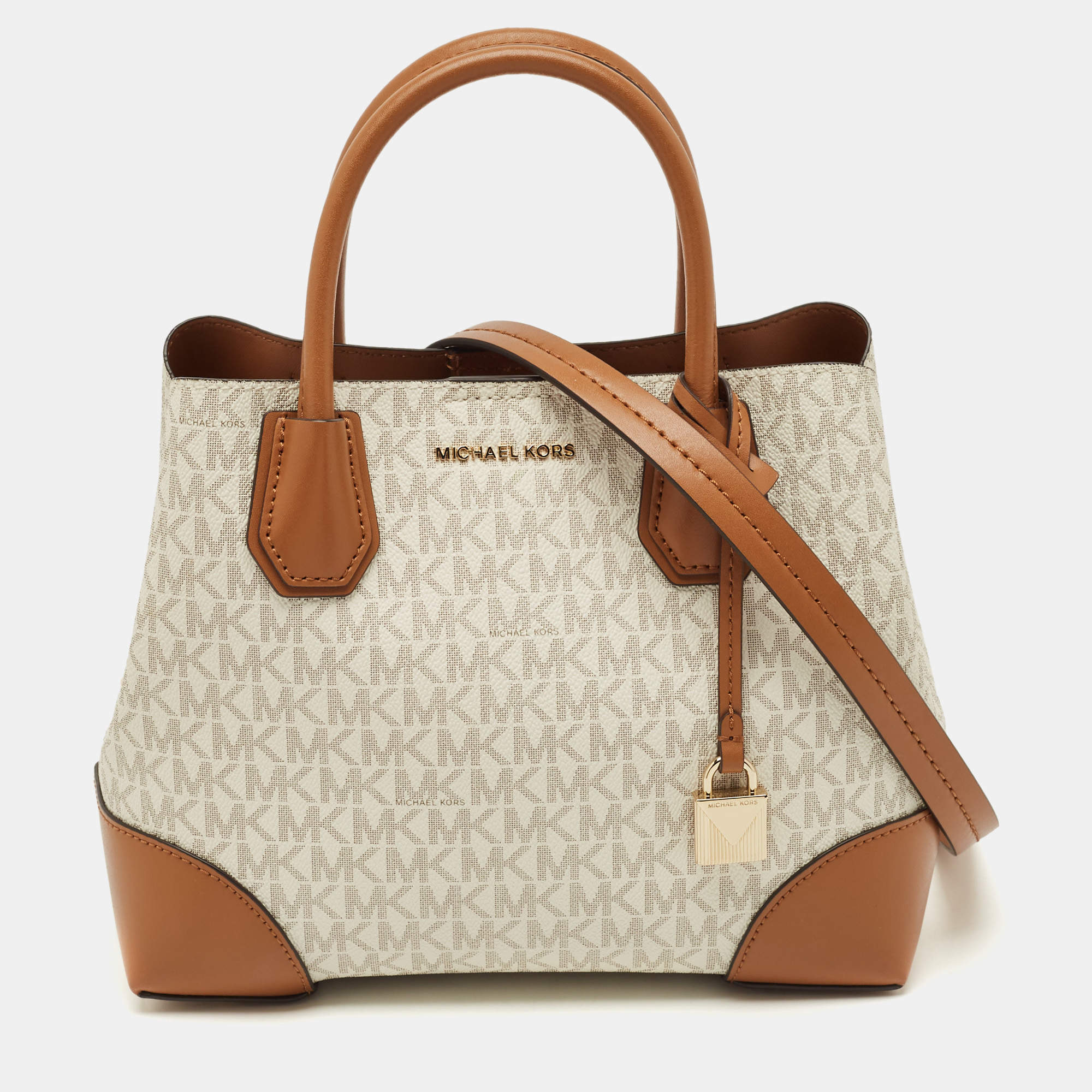 Michael Kors Brown/White Signature Coated Canvas and Leather Small Mercer Gallery Tote