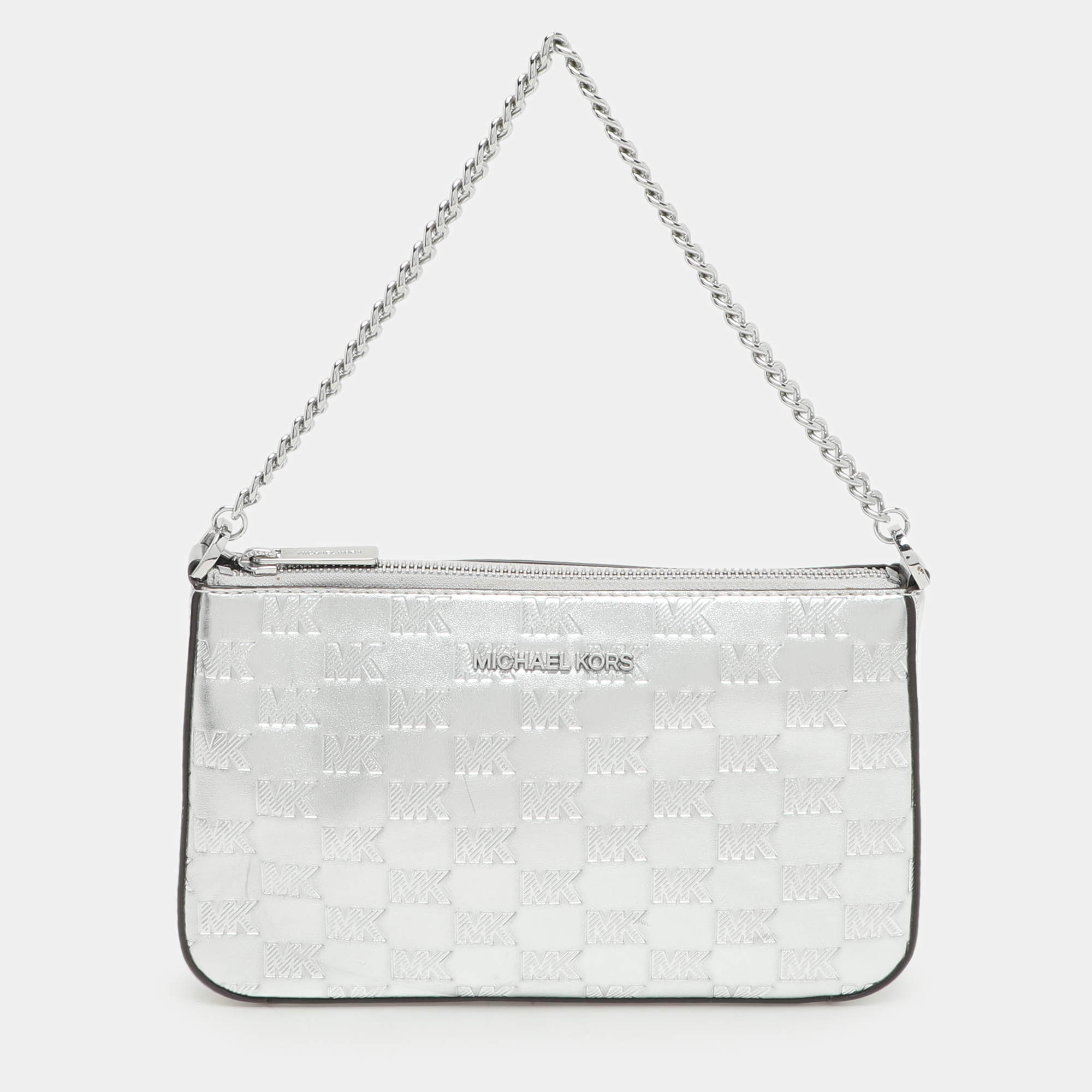 Michael Kors Silver Logo Embossed Leather Jet Set Medium Crossbody Bag