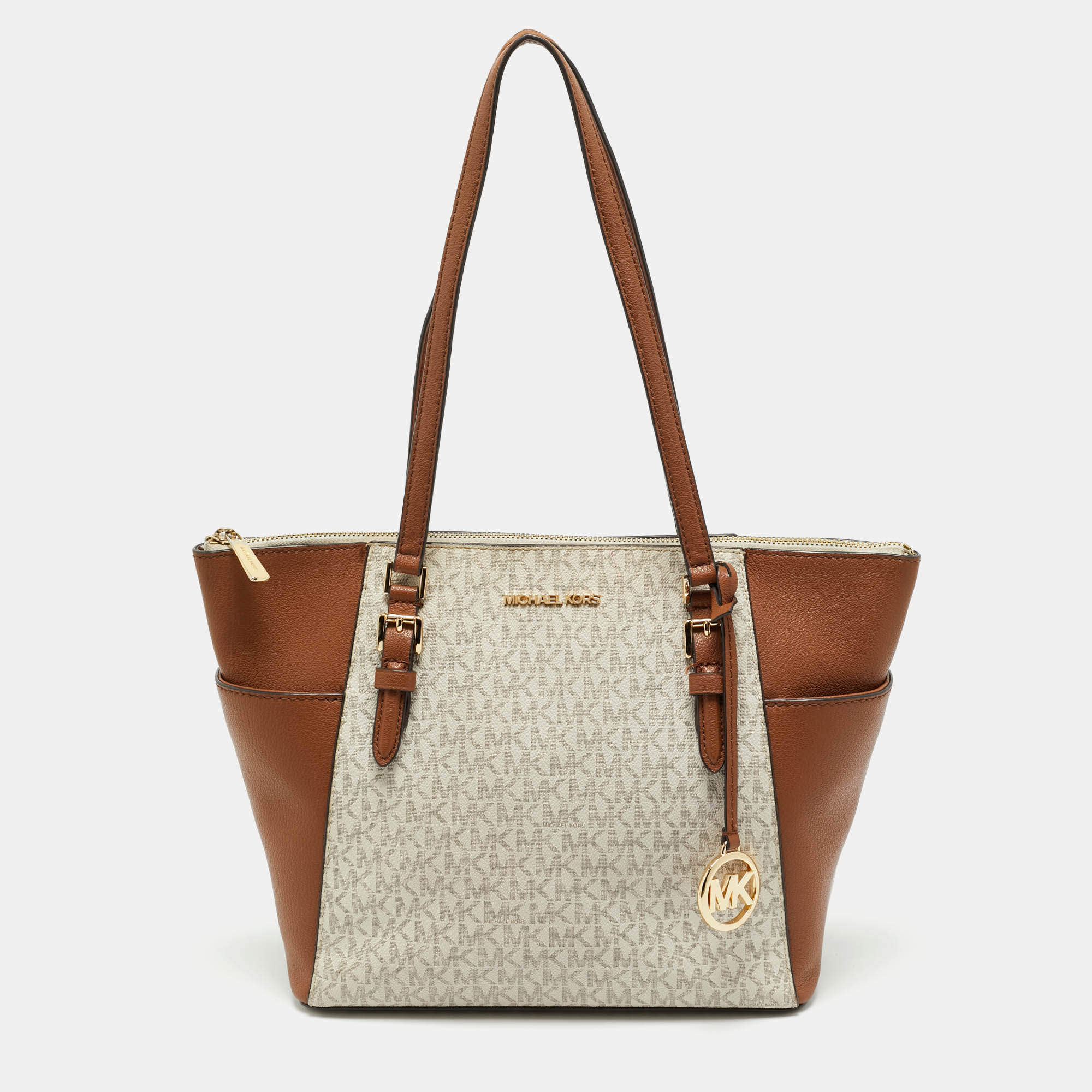 Pre Owned Michael Kors Brown/White Signature Coated Canvas and Leather Charlotte Top Zip Tote