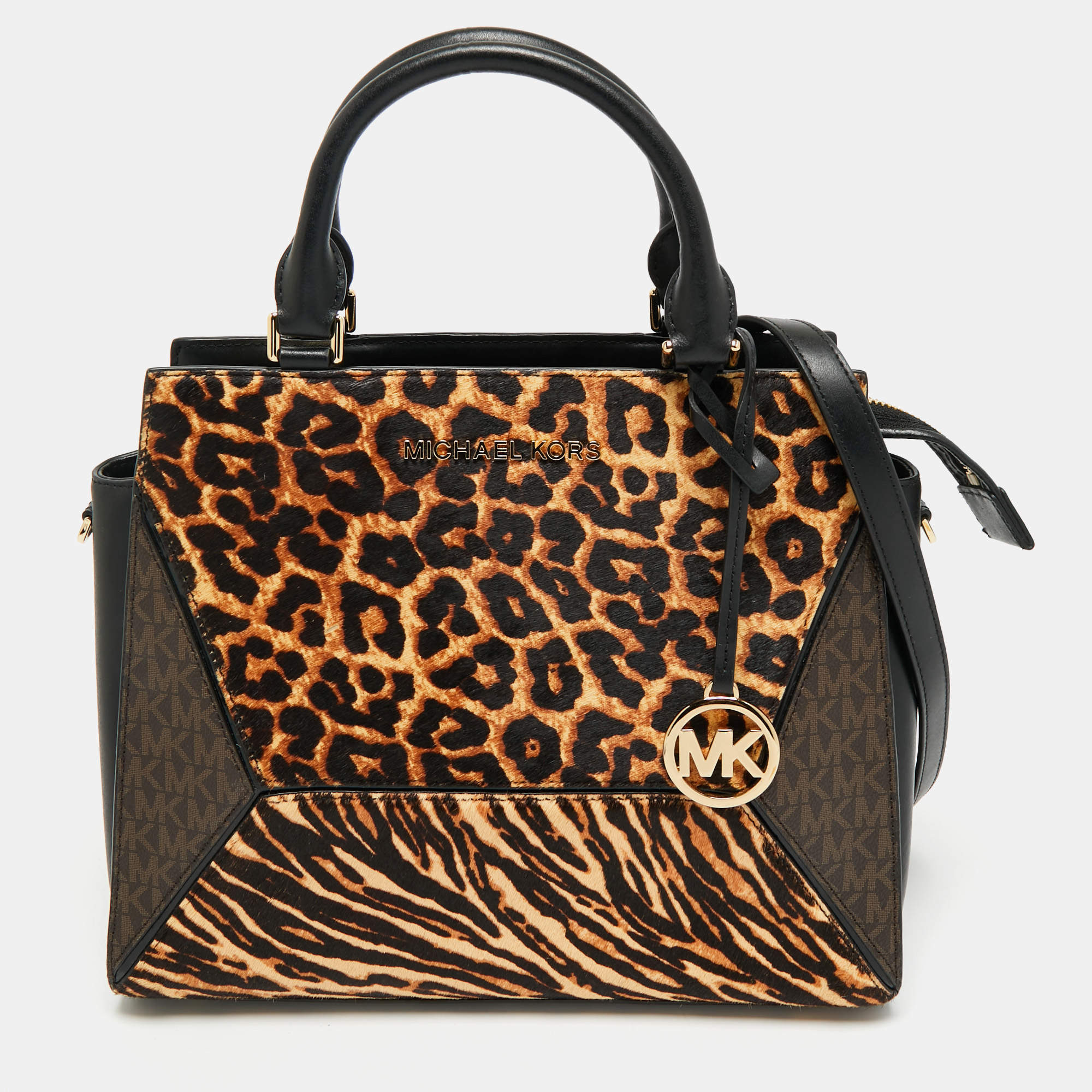 Pre Owned Michael Kors Black/Brown Leopard Print Calf Hair and Leather Large Prism Satchel