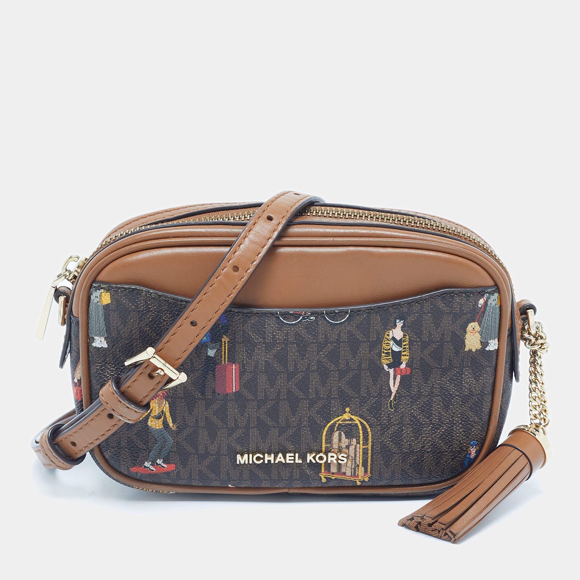 Pre Owned Michael Kors Brown Signature Coated Canvas Jet Set Girls Convertible Belt Bag