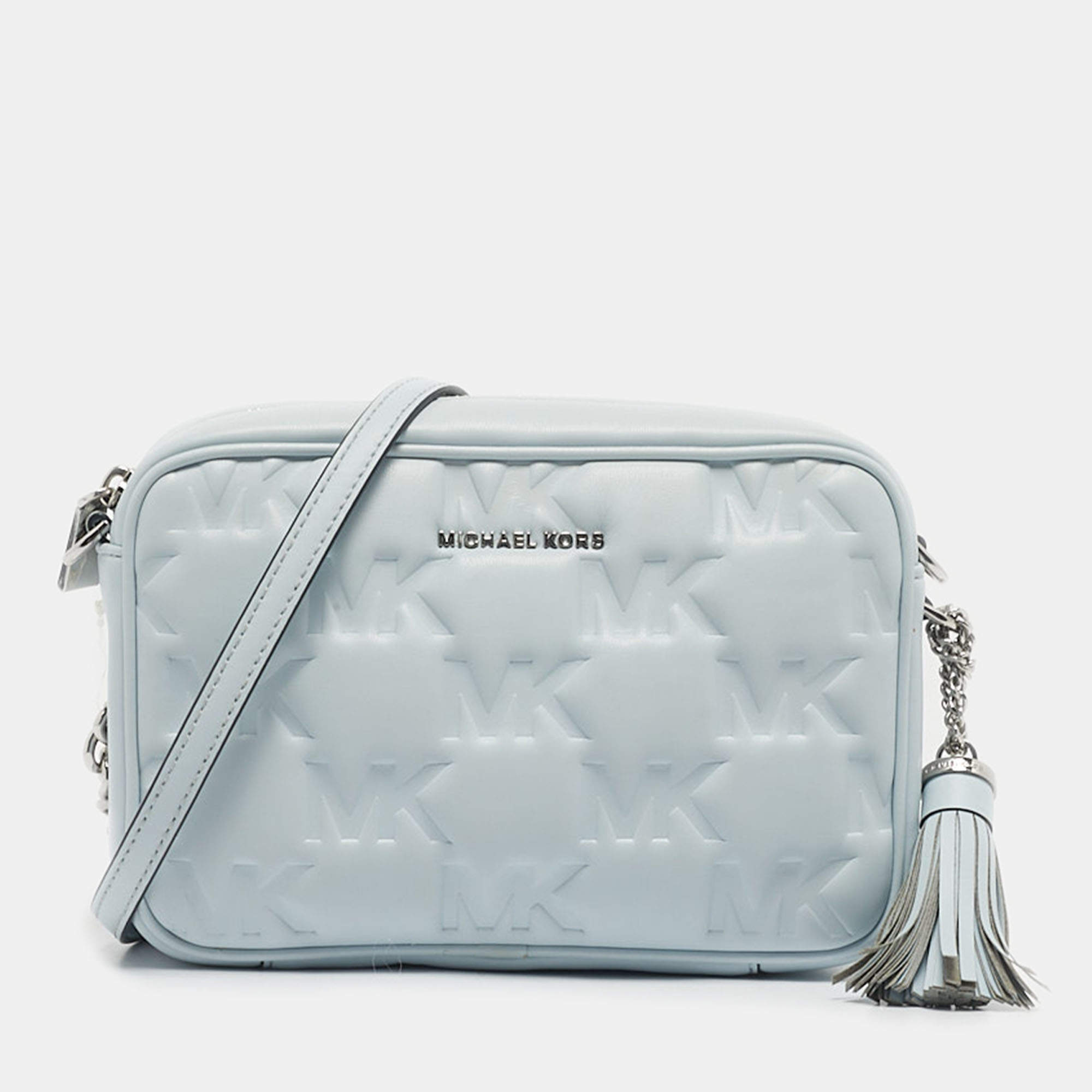 Pre Owned Michael Kors Soft Sky Blue Signature Embossed Faux Leather Medium Jet Set Camera Bag