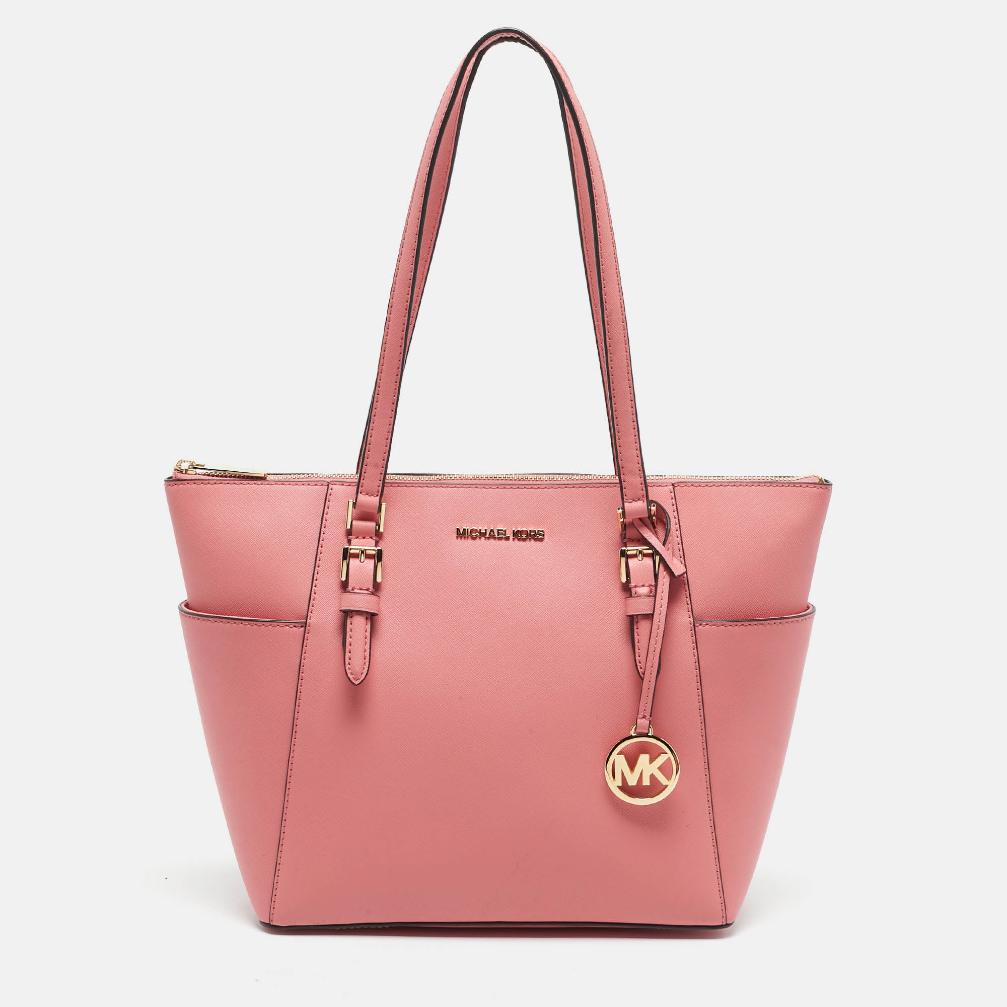 Pre Owned Michael Kors Pink Leather Charlotte Top Zip Tote