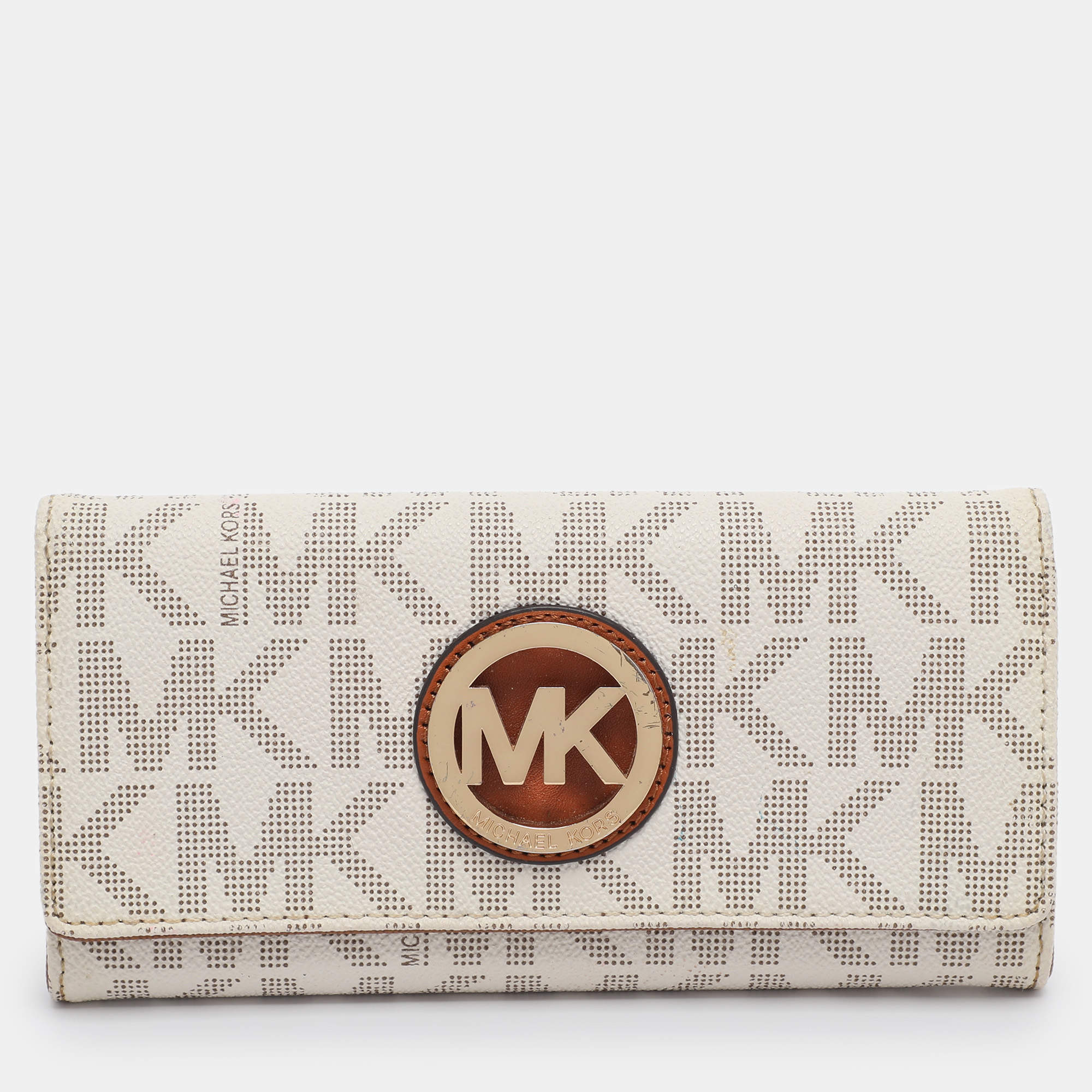 Pre Owned Michael Kors White/Brown Signature Coated Canvas and Leather Fulton Continental Wallet