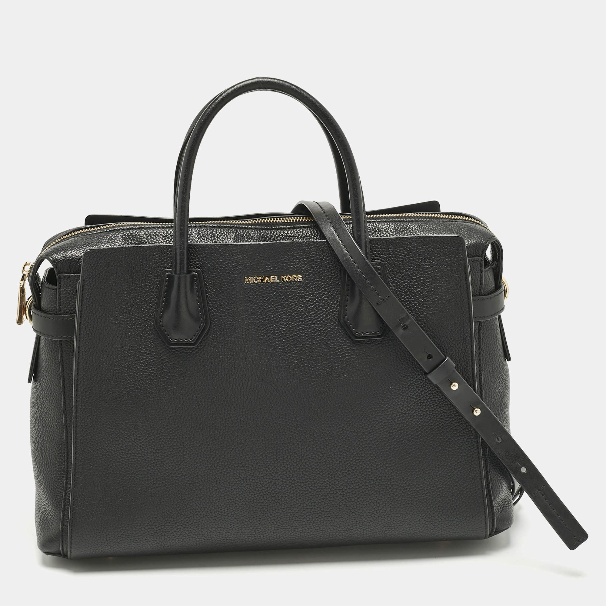 Pre Owned Michael Kors Black Leather Large Mercer Belted Satchel