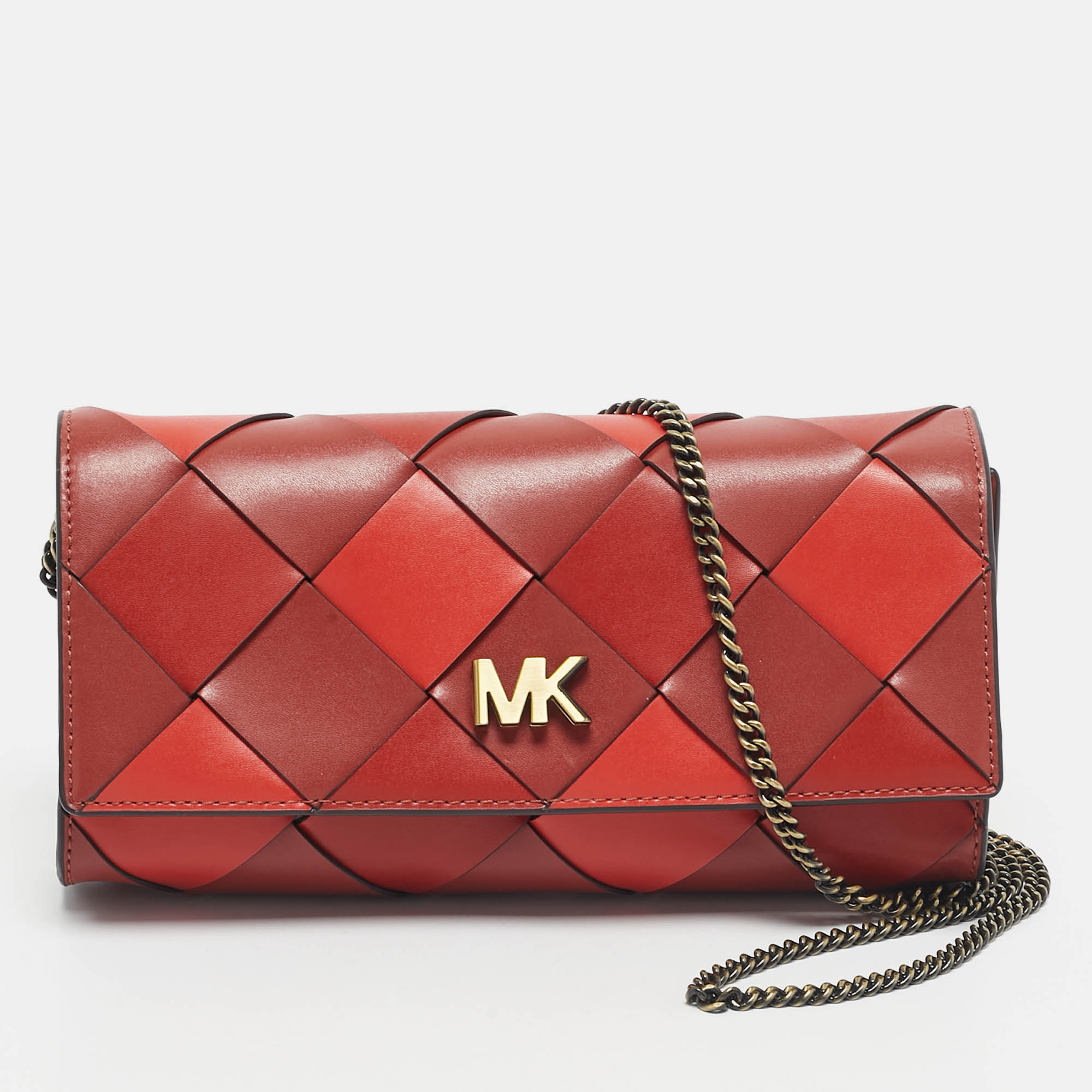 Pre Owned Michael Kors Red Woven Leather Mott East West Chain Clutch
