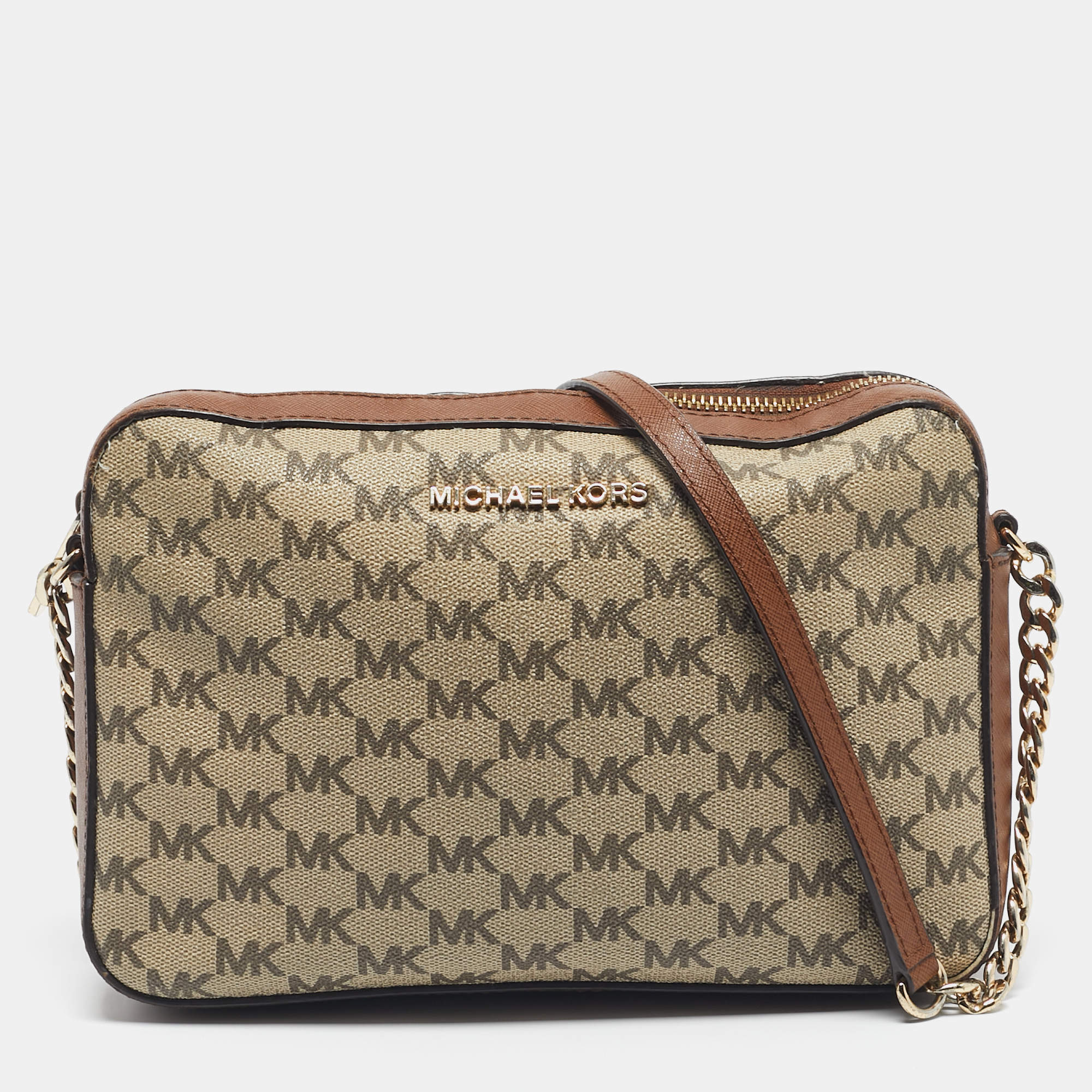 Pre Owned Michael Kors Brown/Beige Signature Coated Canvas and Leather Jet Set Camera Crossbody Bag