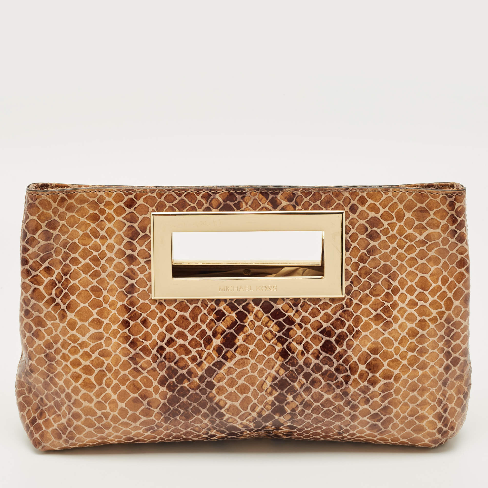 Pre Owned Michael Kors Beige Python Effect Leather Cut Out Handle Clutch