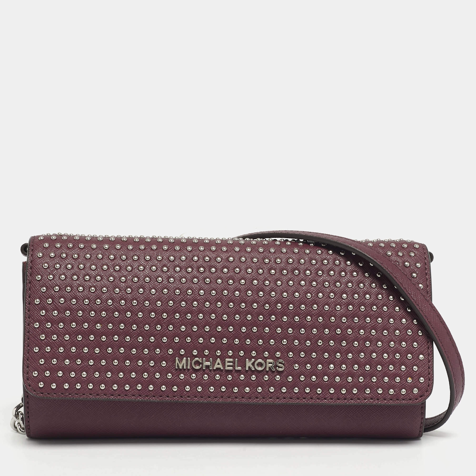 Pre Owned Michael Kors Plum Leather Studded Flap Wallet On Chain