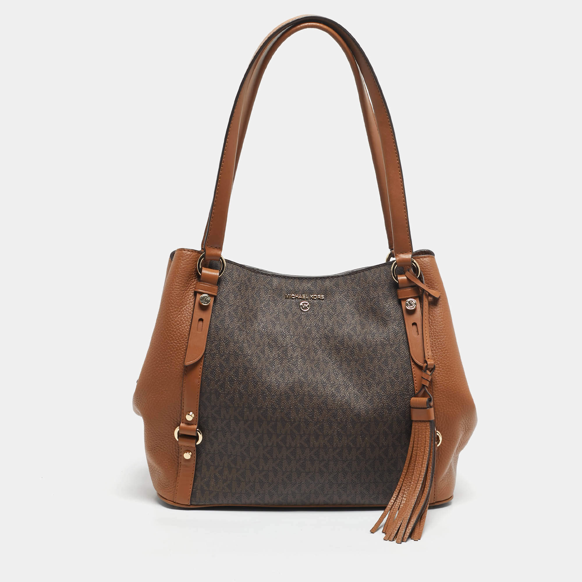 Pre Owned Michael Kors Two Tone Brown Signature Coated Canvas and Leather Carrie Shoulder Bag