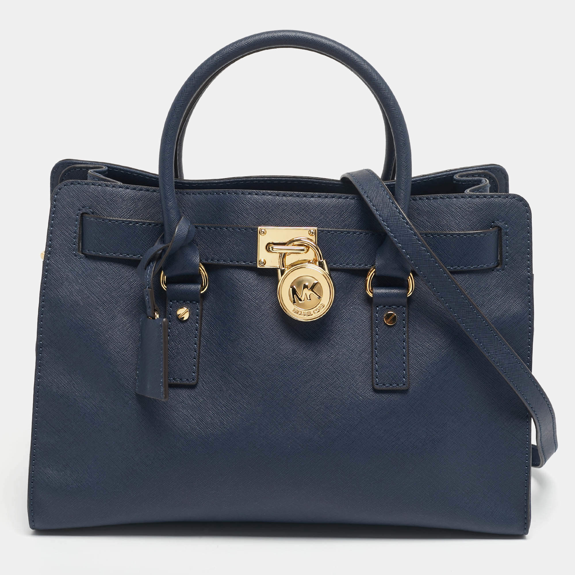 Pre Owned Michael Kors Navy Blue Leather East/West Hamilton Tote