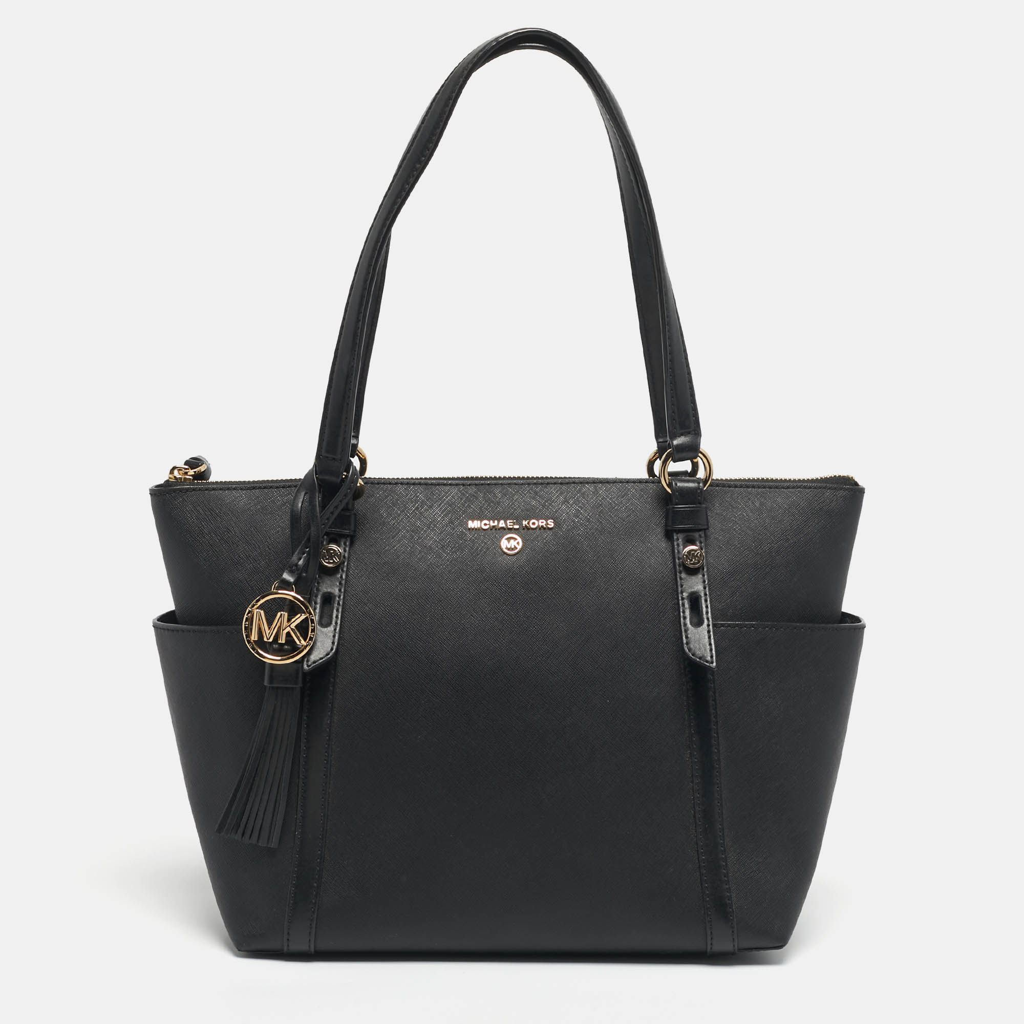 Pre Owned Michael Kors Black Leather Medium Sullivan Top Zip Tote