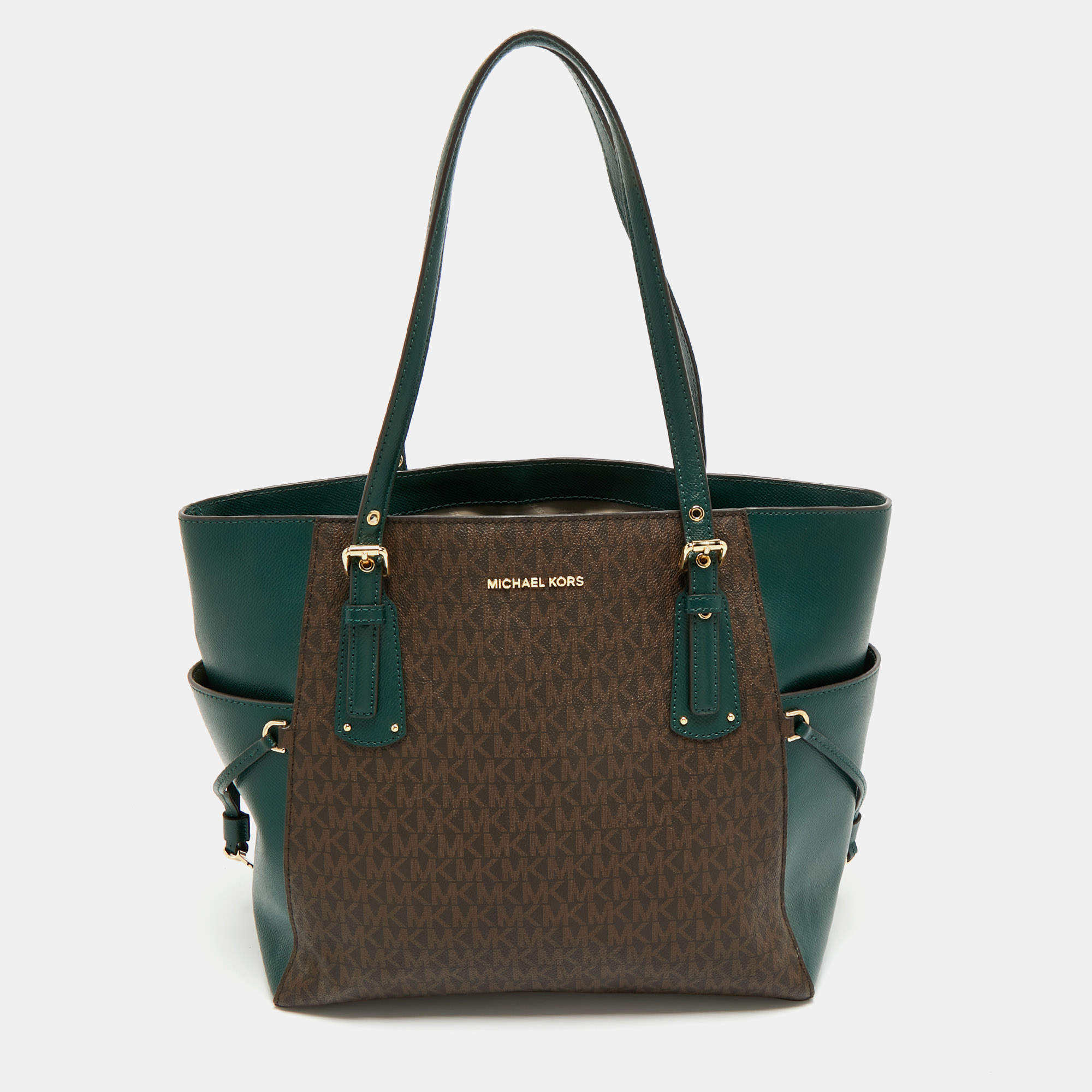 Pre Owned Michael Kors Green/Brown Signature Coated Canvas and Leather Voyager East West Tote