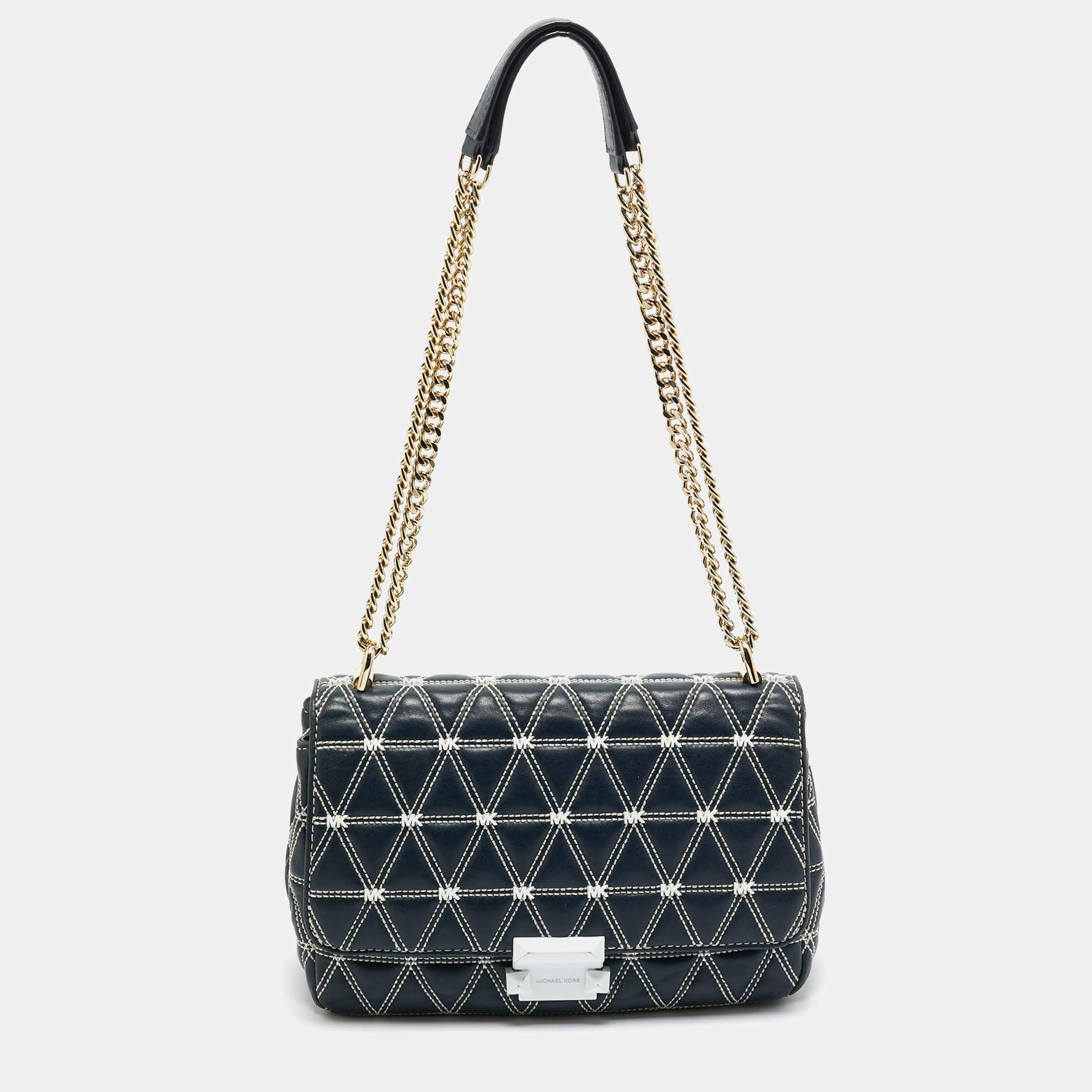 Pre Owned Michael Kors Navy Blue Quilted Leather Large Sloan Logo Studded Shoulder Bag