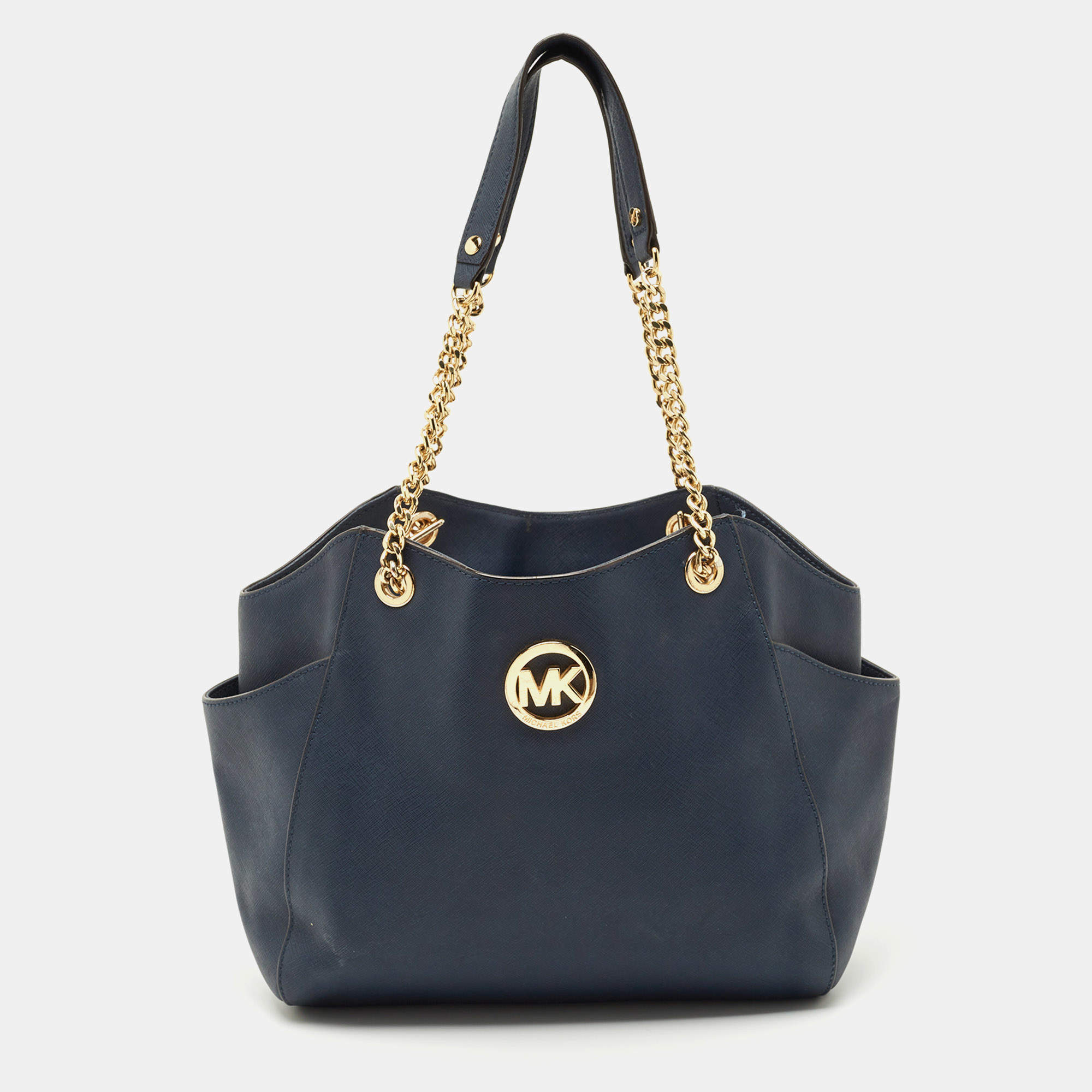 Pre Owned Michael Kors Navy Blue Leather Jet Set Travel Chain Tote