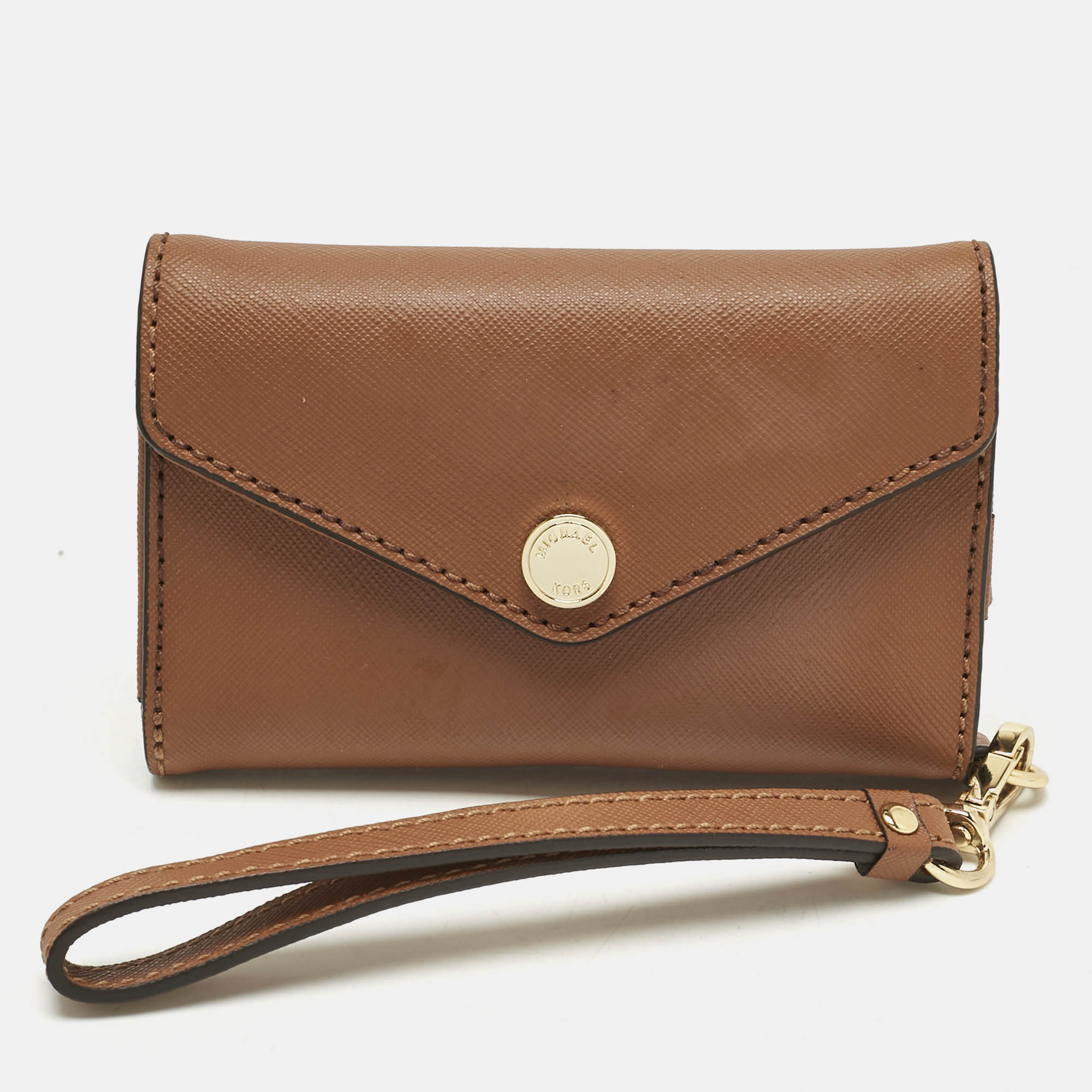 Pre Owned Michael Kors Brown Leather Phone Wristlet Compact Wallet