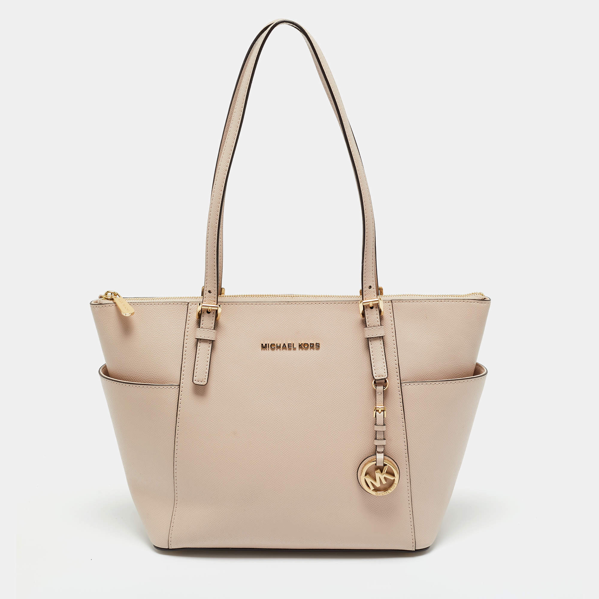 Pre Owned Michael Light Pink Leather Jet Set Top Zip Tote