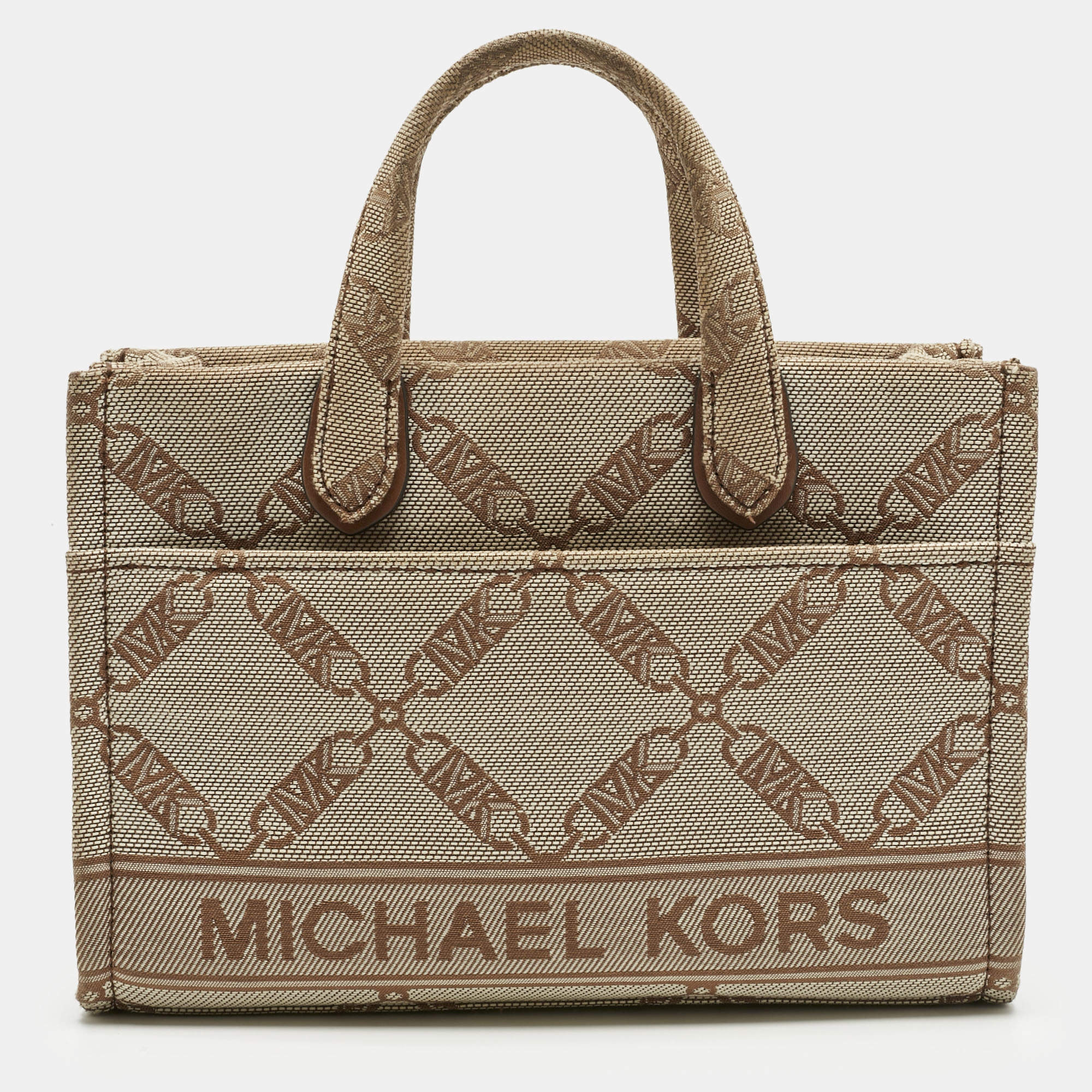 Pre Owned Michael Kors Beige Empire Logo Jacquard Canvas Small Gigi Tote