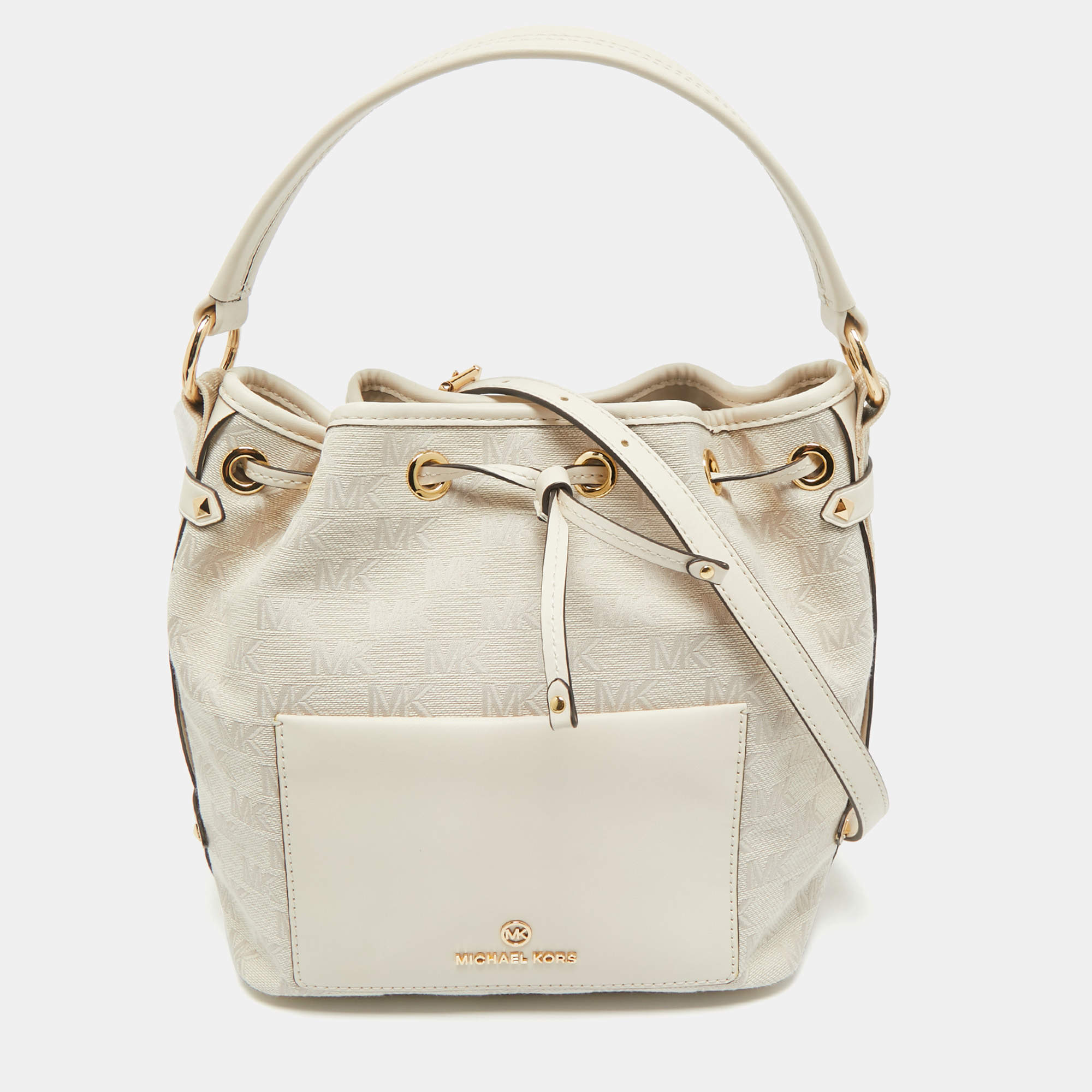 Pre Owned Michael Kors Natural Logo Jacquard Canvas Medium Maeve Bucket Bag