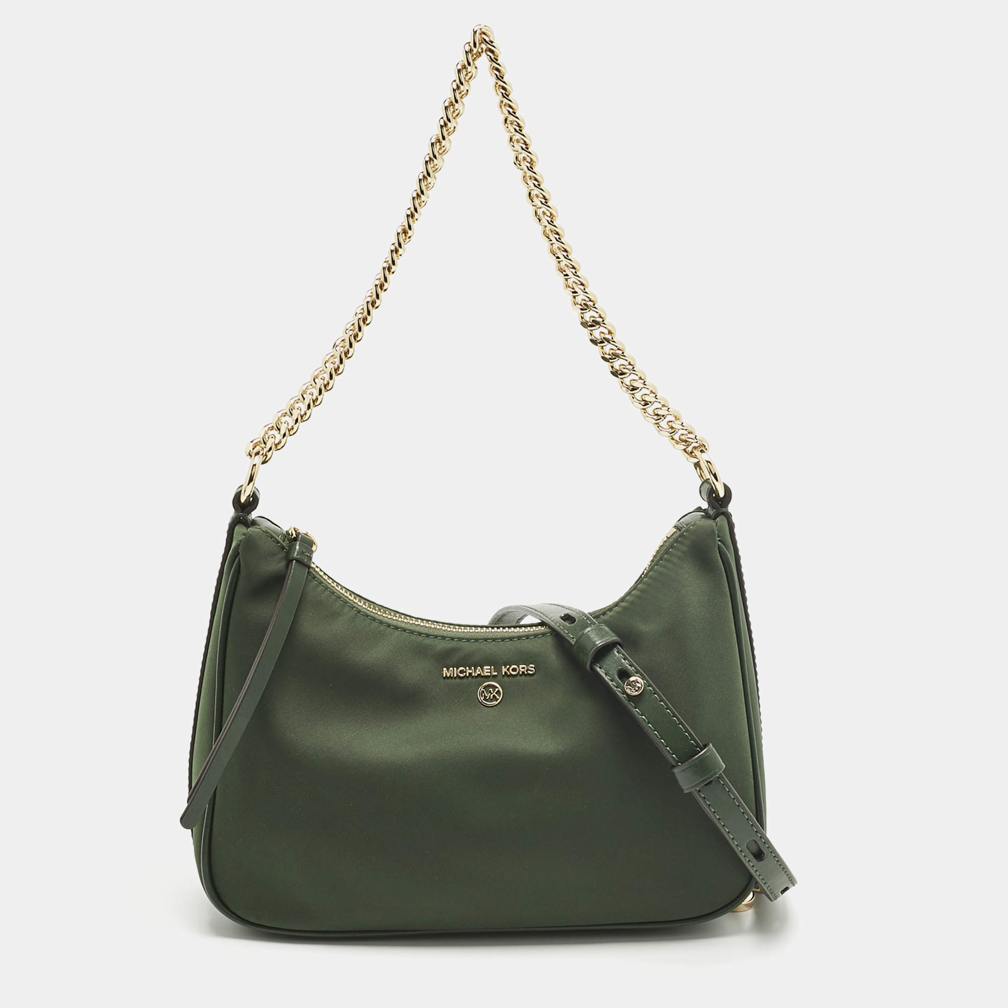 Pre Owned Michael Kors Green Nylon and Leather Gabardine Crossbody Bag