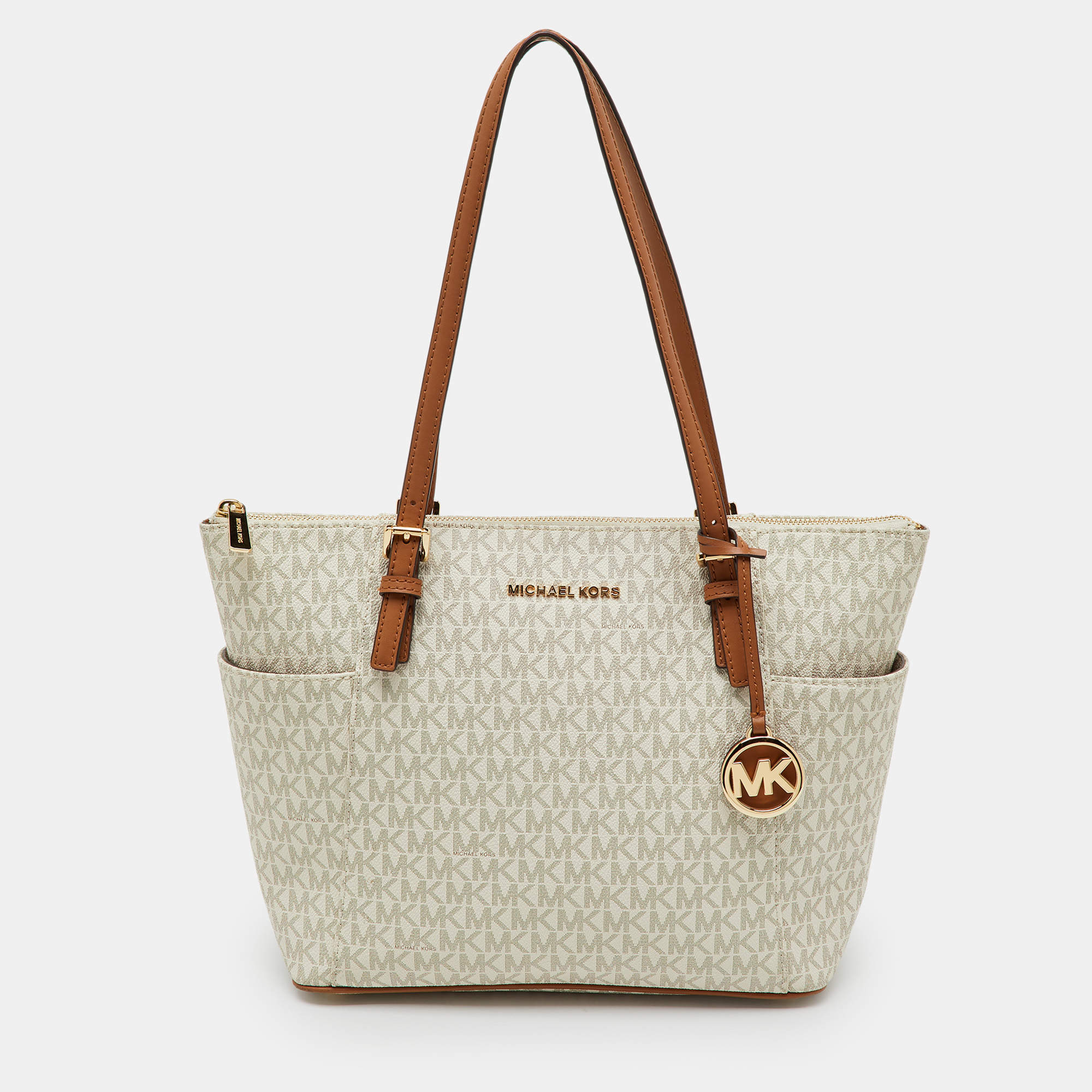 Pre Owned Michael Kors White/Brown Signature Coated Canvas and Leather Charlotte Top Zip Tote