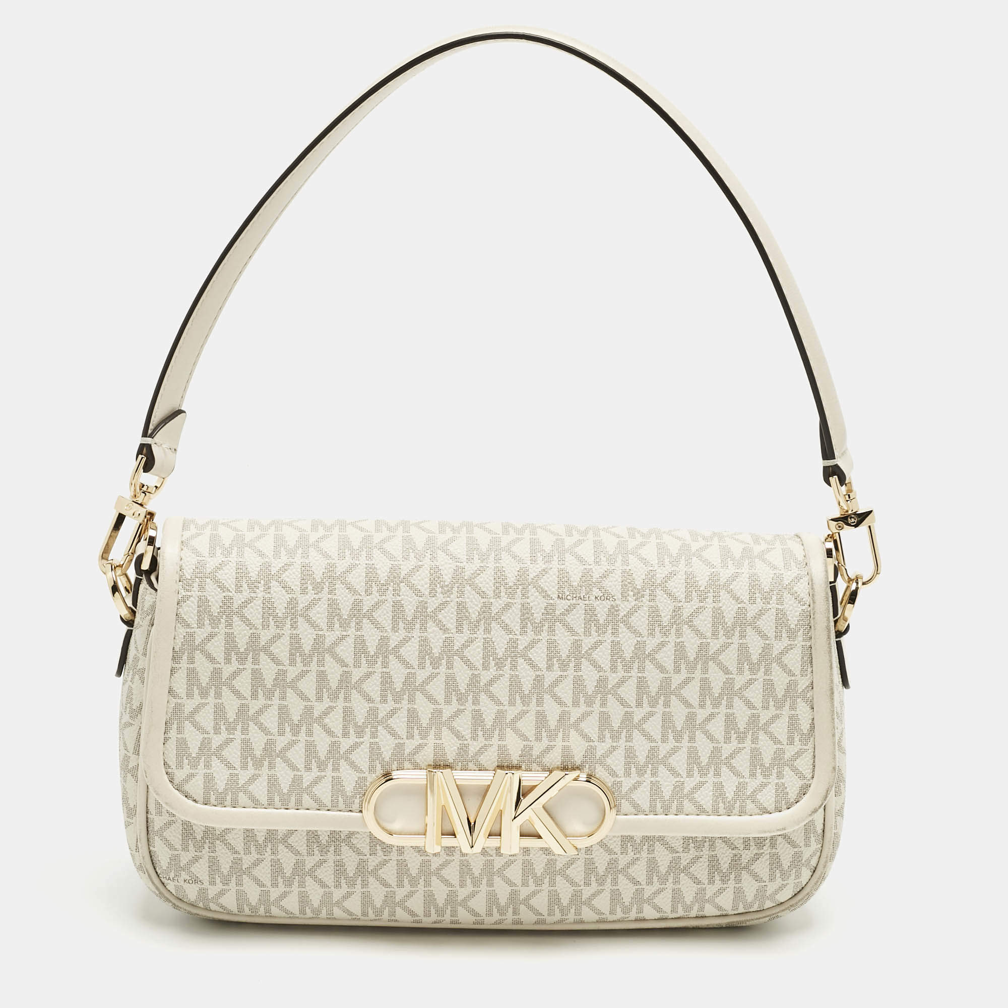 Pre Owned Michael Kors White Signature Coated Canvas and Leather Parker Medium Logo Shoulder Bag