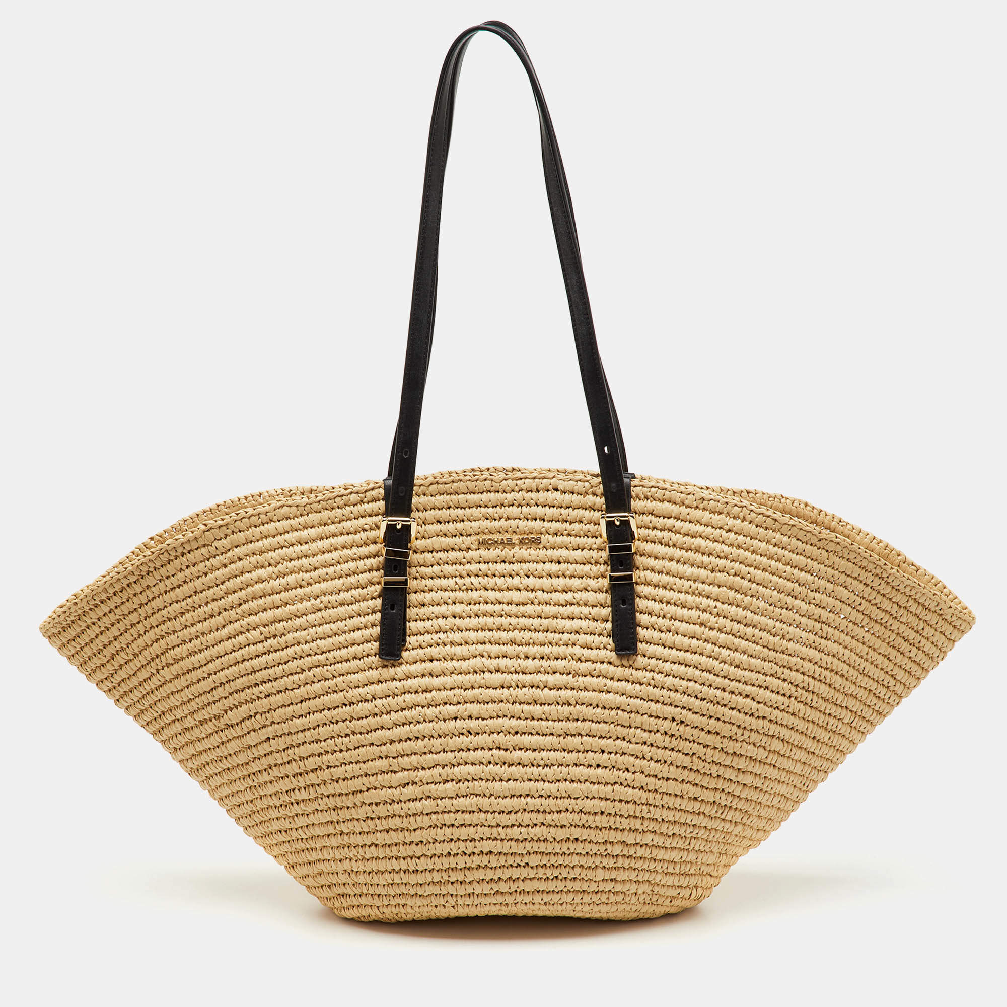Pre Owned Michael Kors Beige/Black Raffia and Leather Fan Large Beach Tote