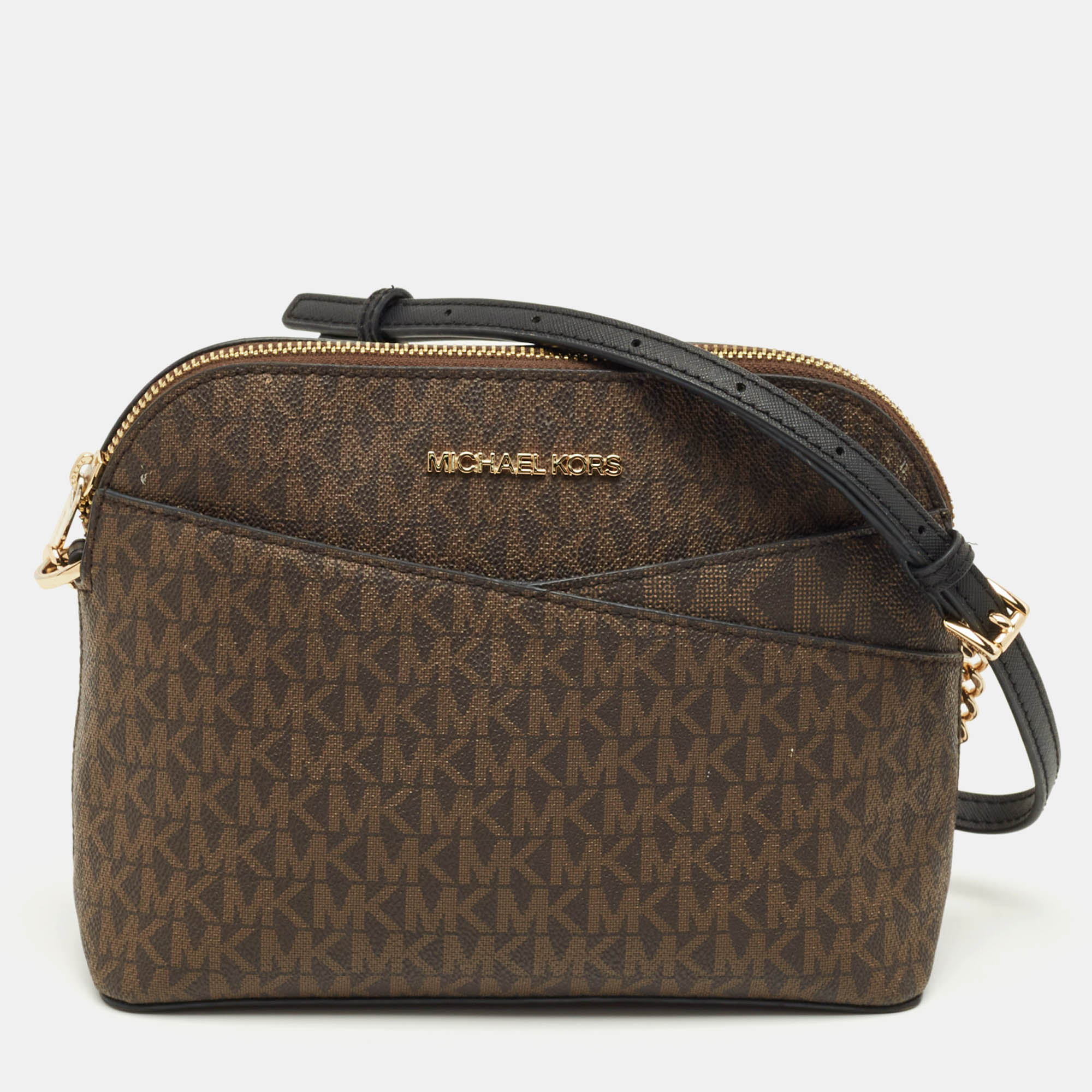 Pre Owned Michael Kors Dark Brown Signature Coated Canvas Jet Set Travel Dome Crossbody Bag