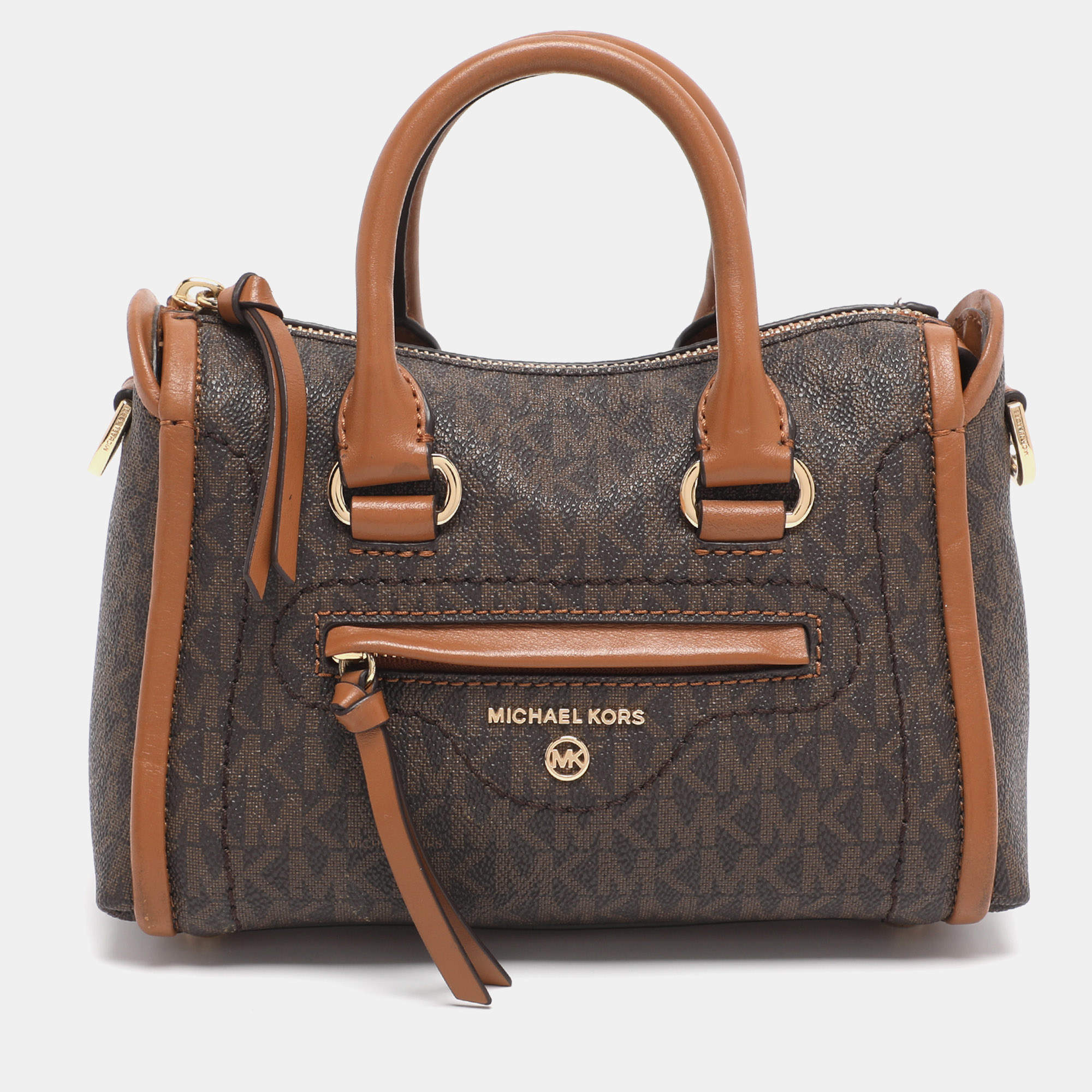 Pre Owned Michael Kors Brown Coated Canvas and Leather Extra Small Carine Satchel