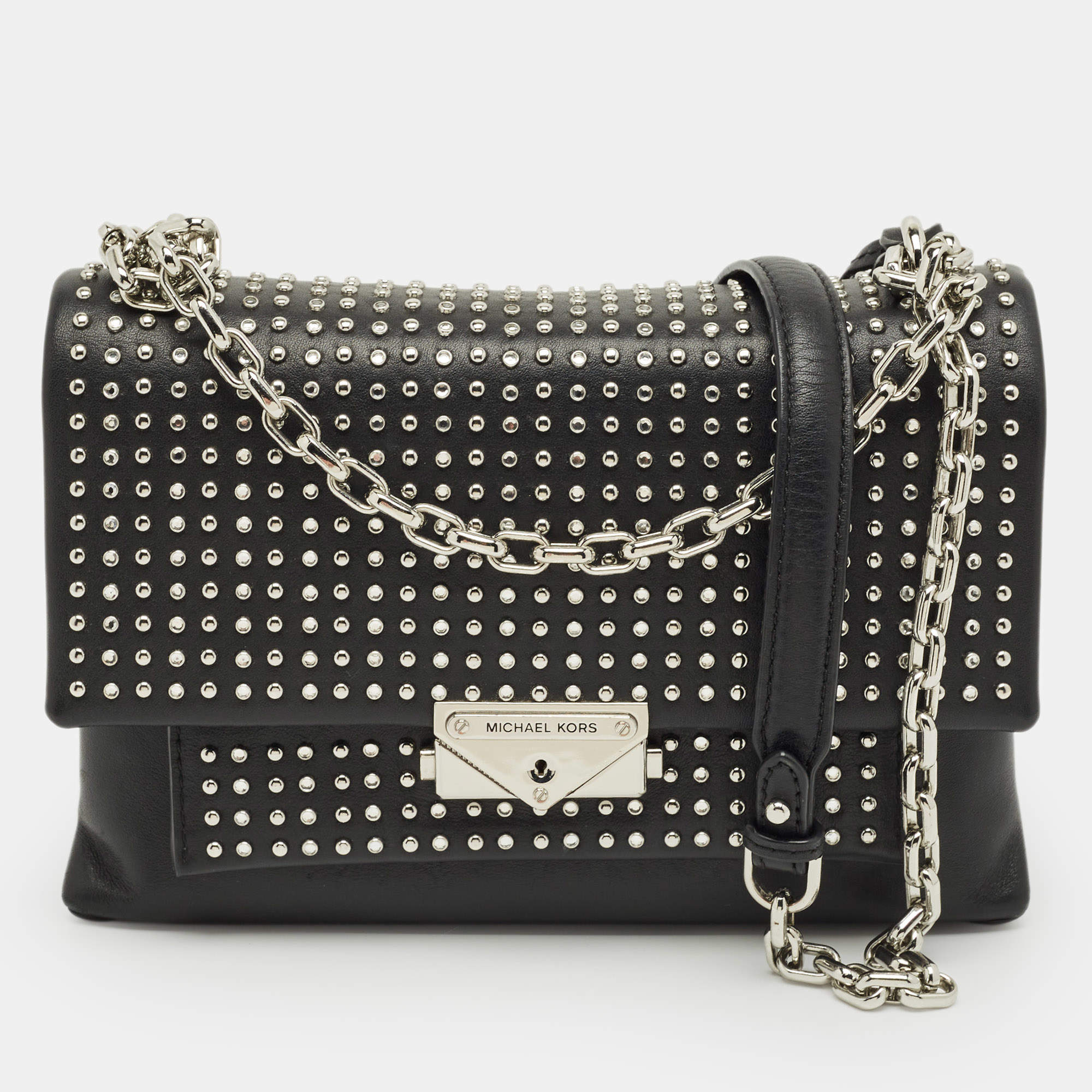 Pre Owned Michael Kors Black Leather Studded Cece Top Handle Bag
