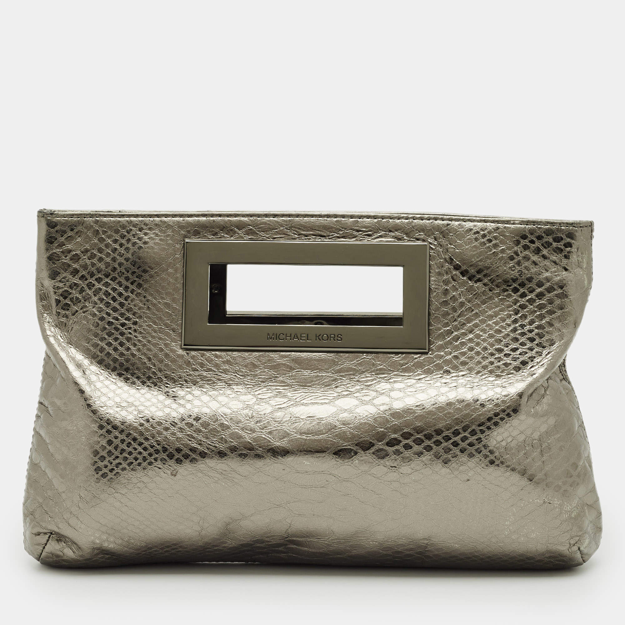 Pre Owned Michael Kors Metallic Python Embossed Leather Berkley Clutch