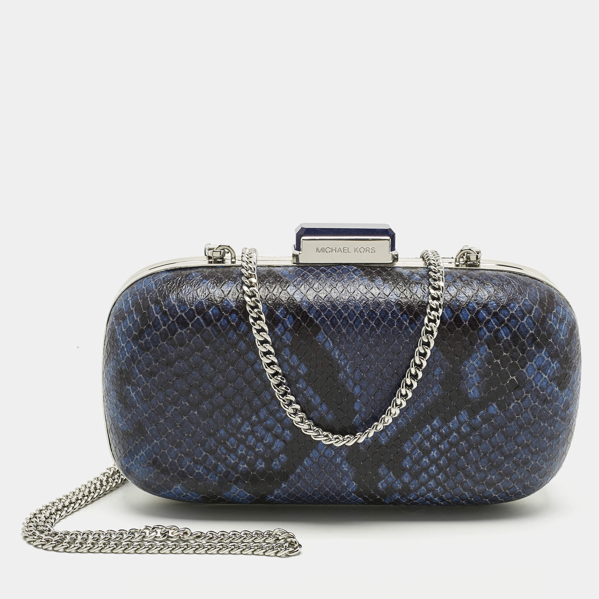 Pre Owned Michael Kors Blue/Black Python Embossed Leather Elsie Dome Chain Clutch