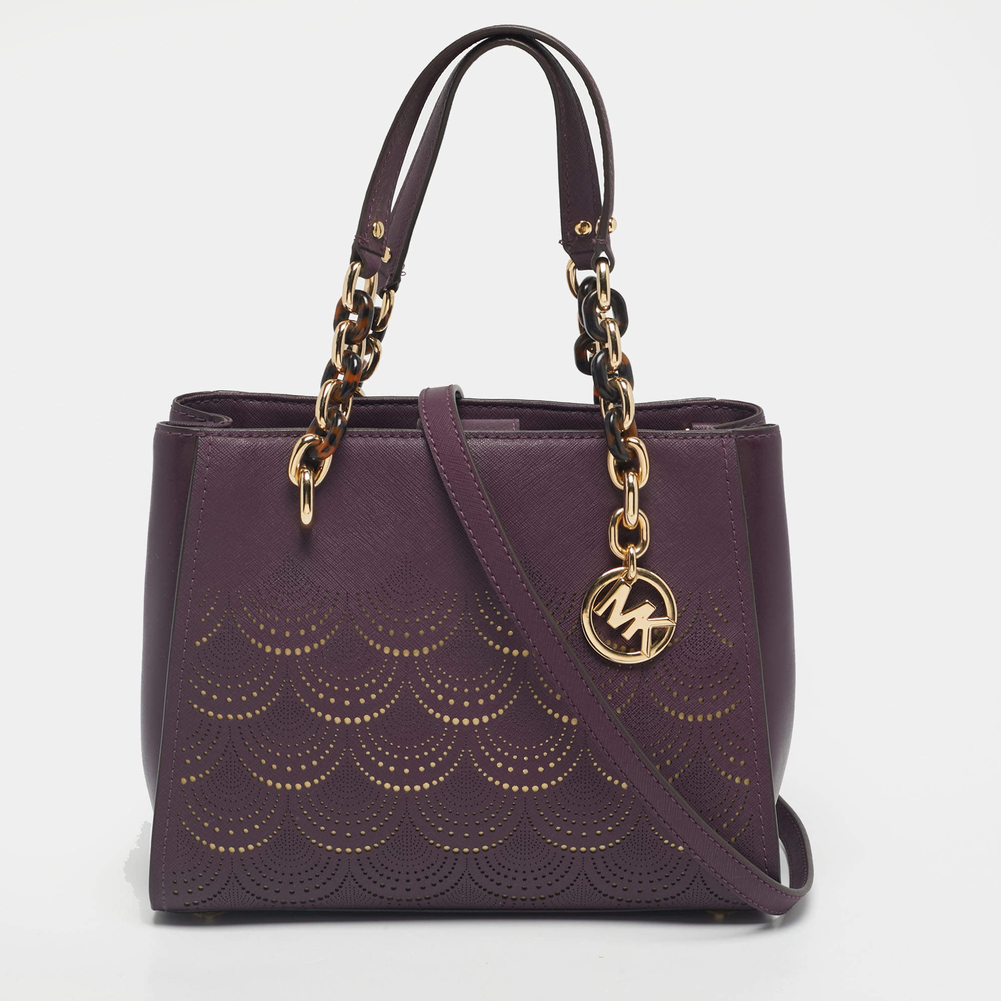Pre Owned Michael Kors Purple Lasercut Leather North South Sofia Tote