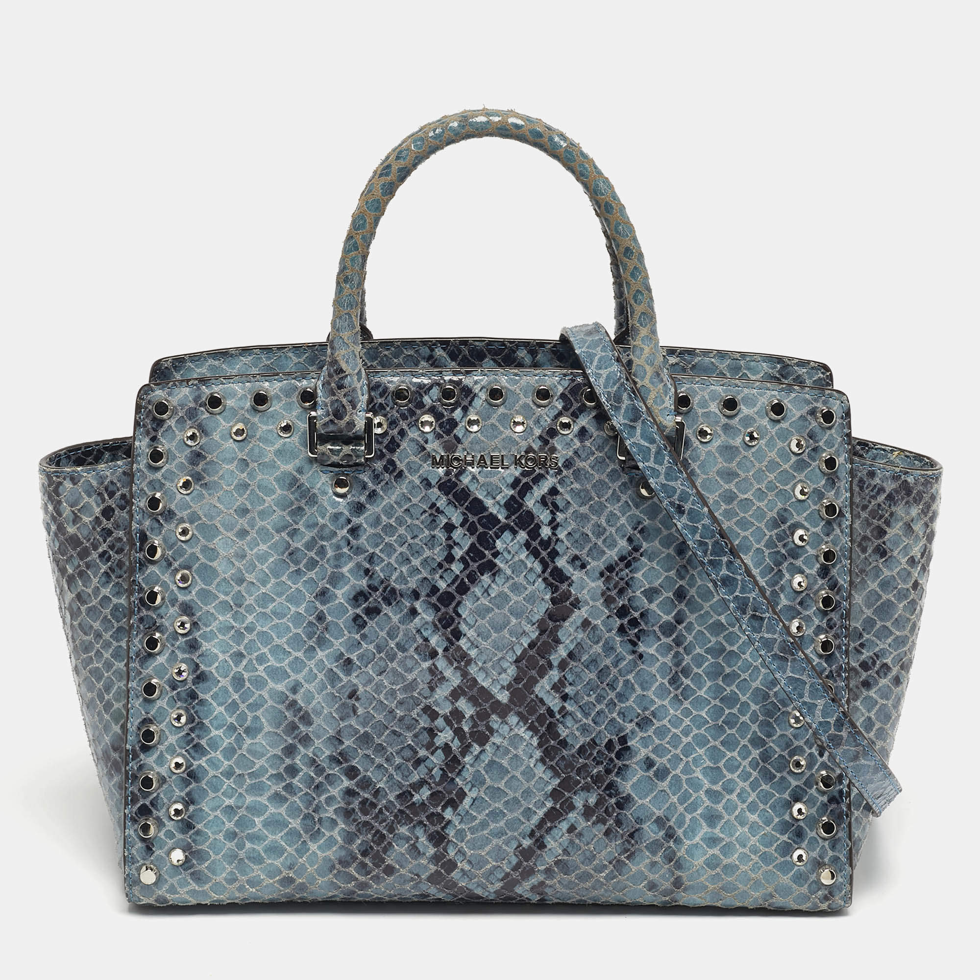 Pre Owned Michael Kors Blue Python Embossed Leather Large Embellished Selma Tote