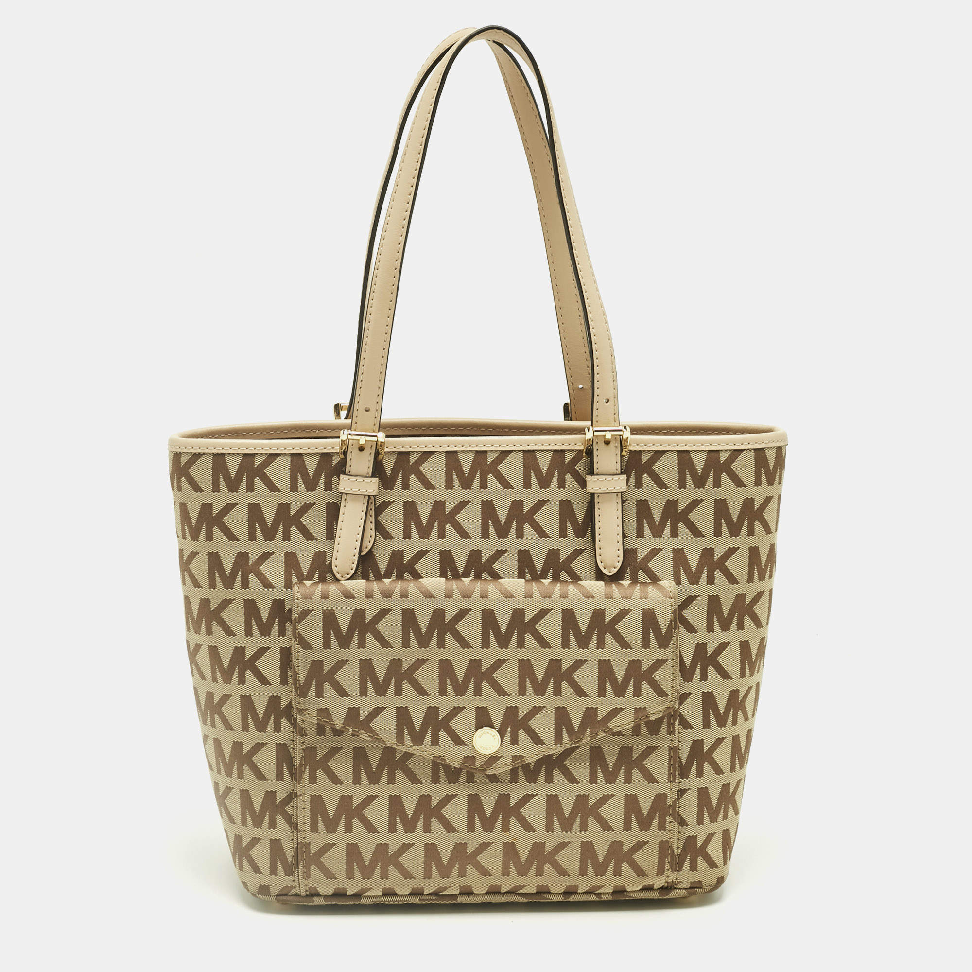 Pre Owned Michael Kors Beige Signature Canvas and Leather Jet Set Pocket Tote