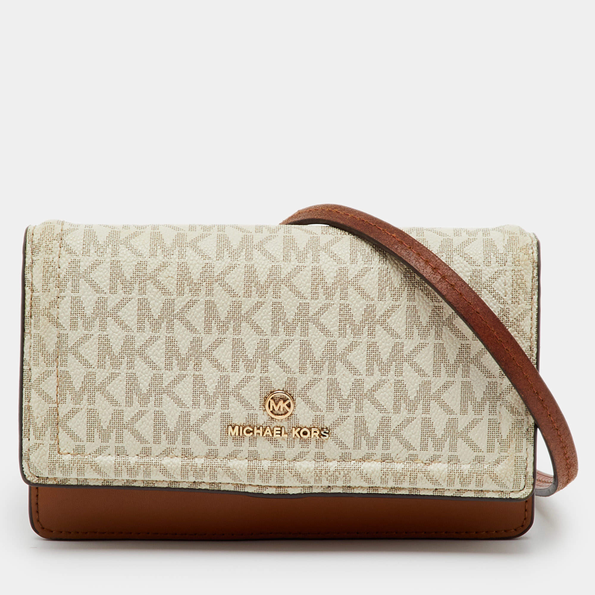 Pre Owned Michael Kors White/Brown Signature Coated Canvas and Leather Phone Crossbody Bag