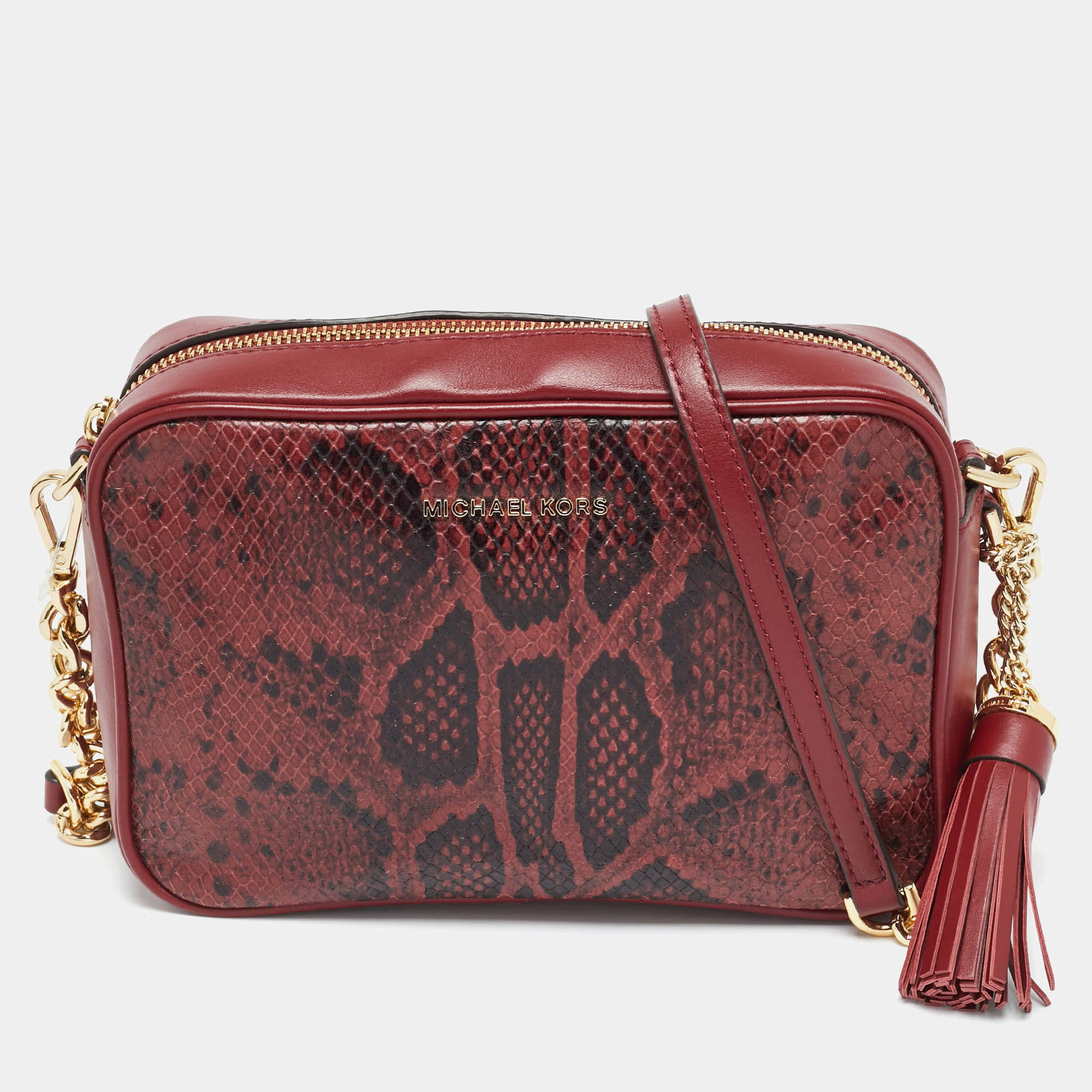 Pre Owned Michael Kors Red  Python Embossed and Leather Jet Set Tassel Camera Bag
